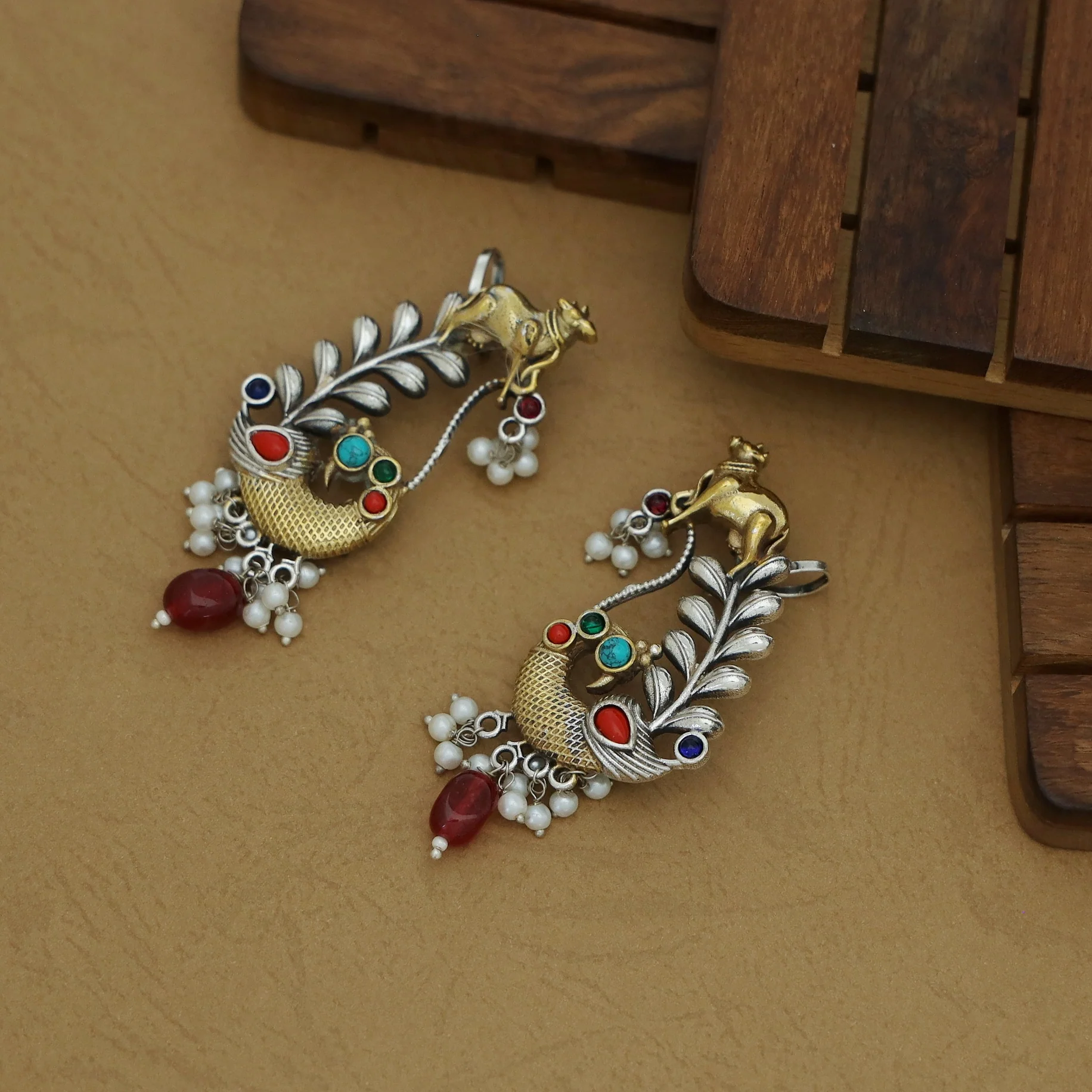 Iksha Mayura & Cow Beaded Pearl Earring / Ear-Cuff (Set Of 2) - Image 7