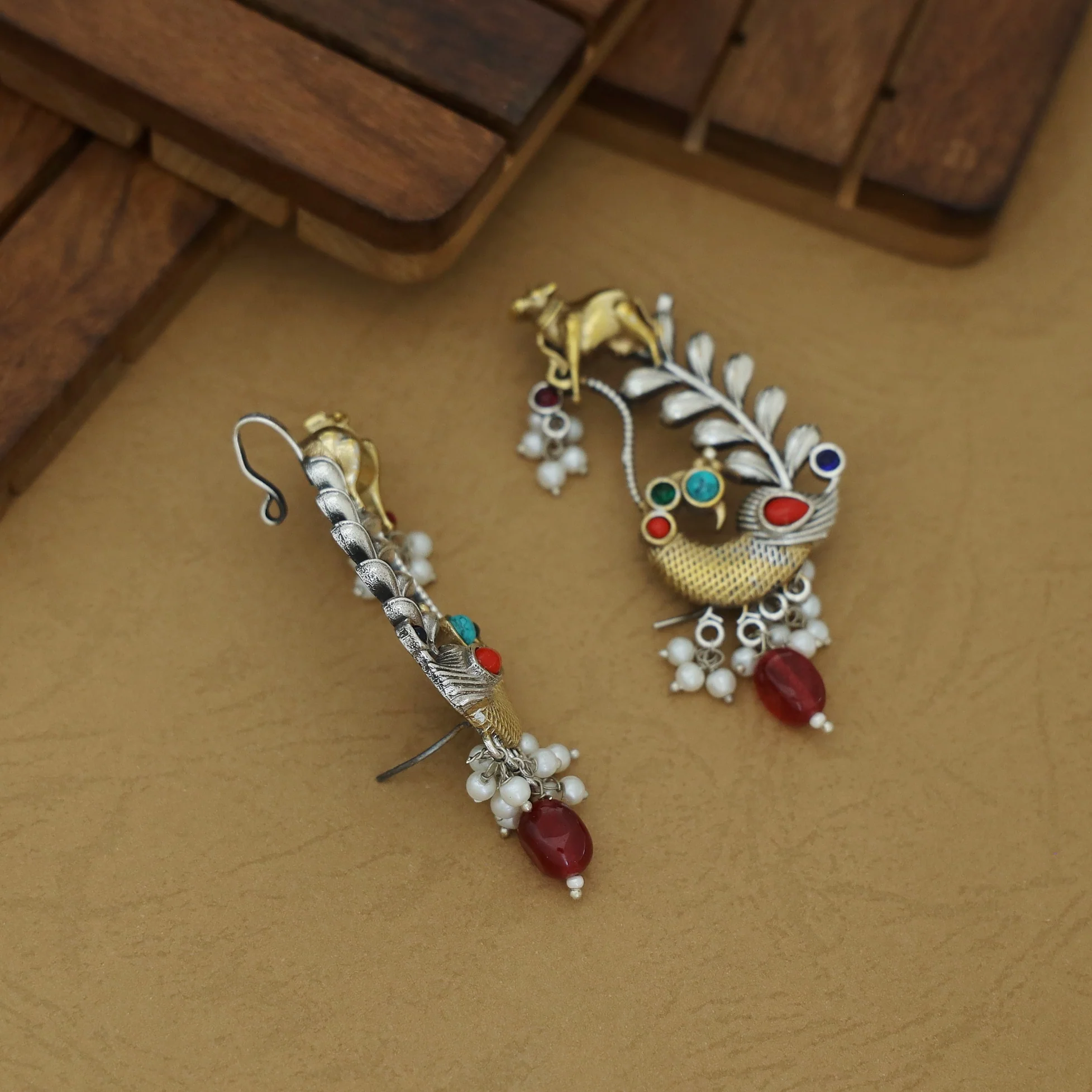 Iksha Mayura & Cow Beaded Pearl Earring / Ear-Cuff (Set Of 2) - Image 8