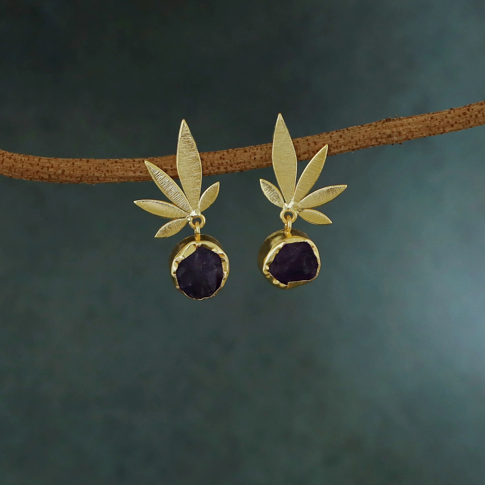 Iniya Golden Leafy Raw Stone Earring - Image 5