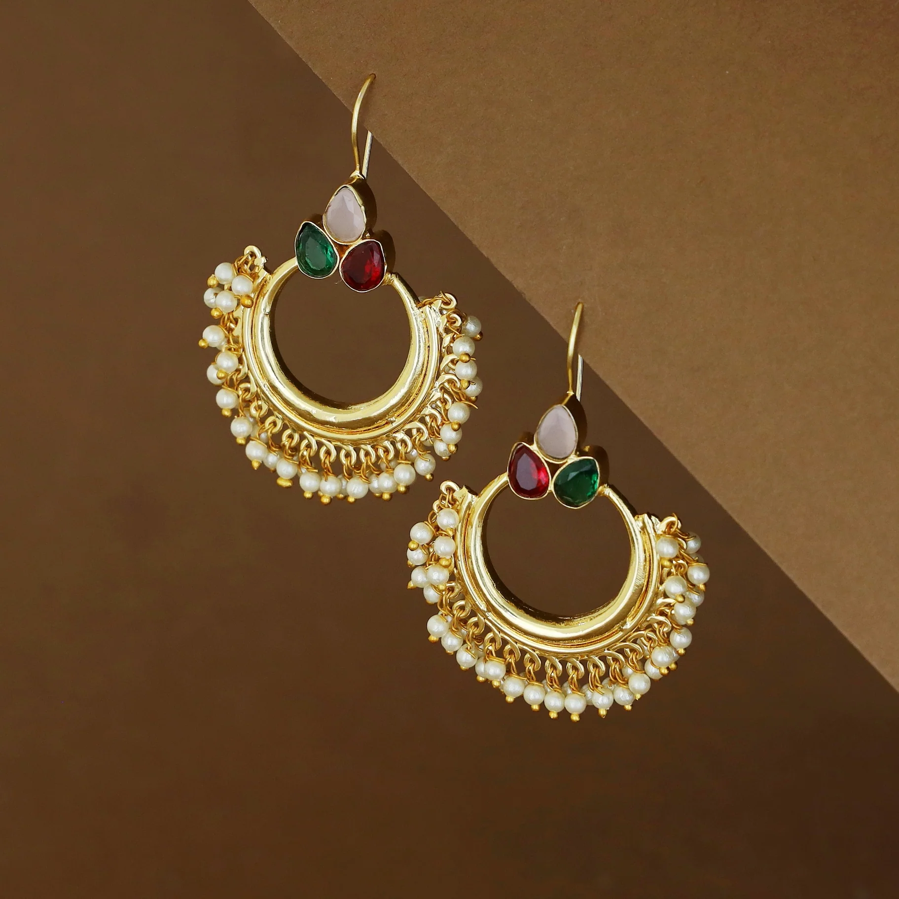 Isha Golden Cluster Pearl Half Moon Tri Glossy Drop - Image 9