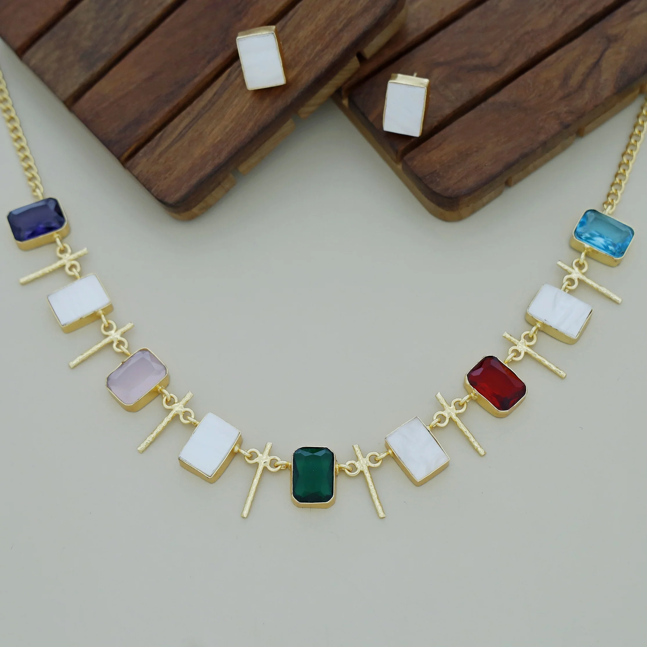 Ishani Rectangle MOP + Glossy Neckpiece With Stud - Image 11