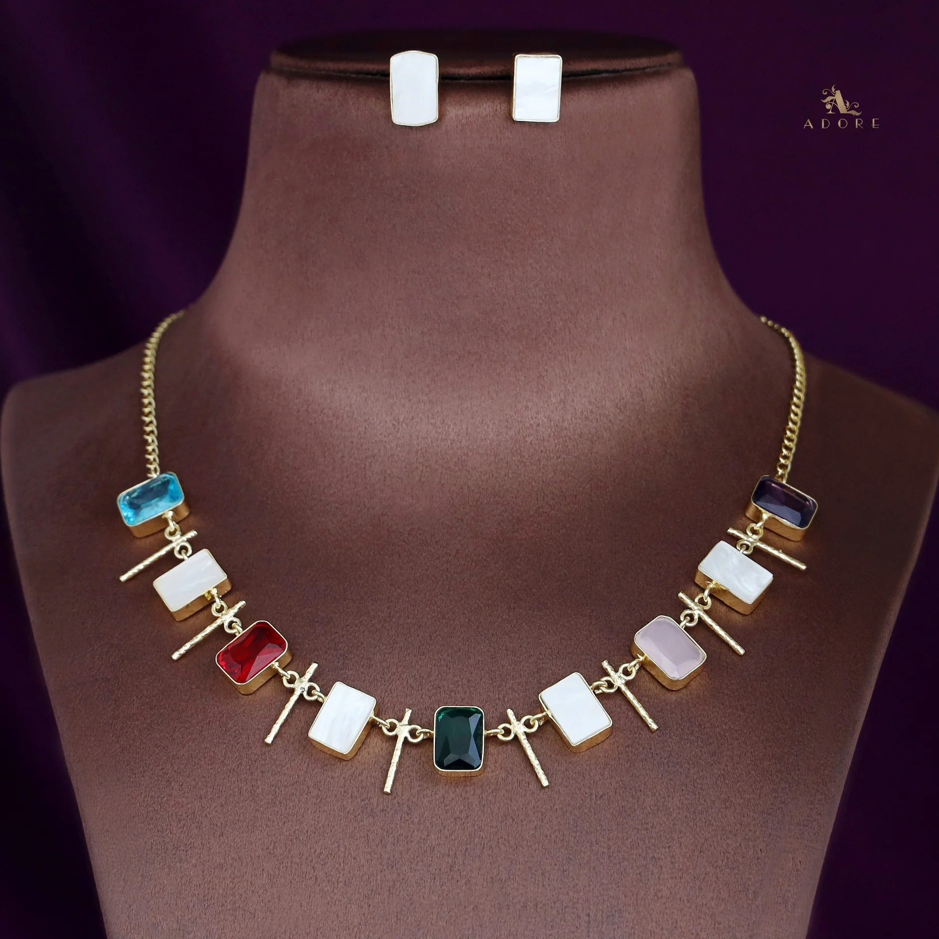 Ishani Rectangle MOP + Glossy Neckpiece With Stud - Image 2