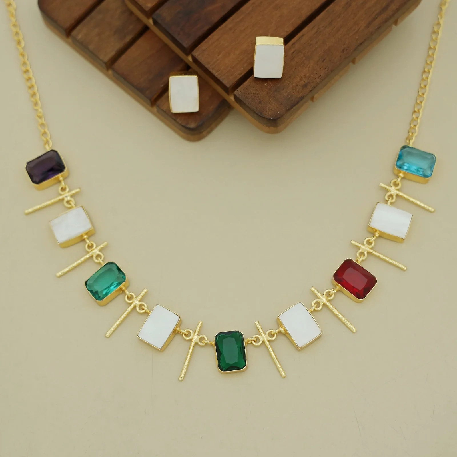 Ishani Rectangle MOP + Glossy Neckpiece With Stud - Image 3