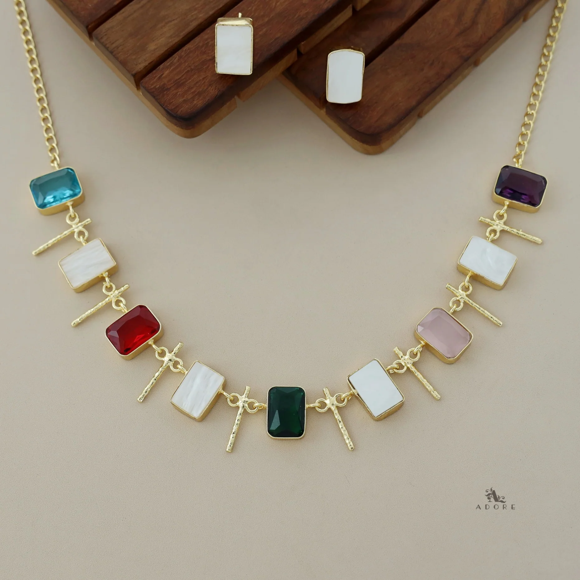 Ishani Rectangle MOP + Glossy Neckpiece With Stud - Image 6