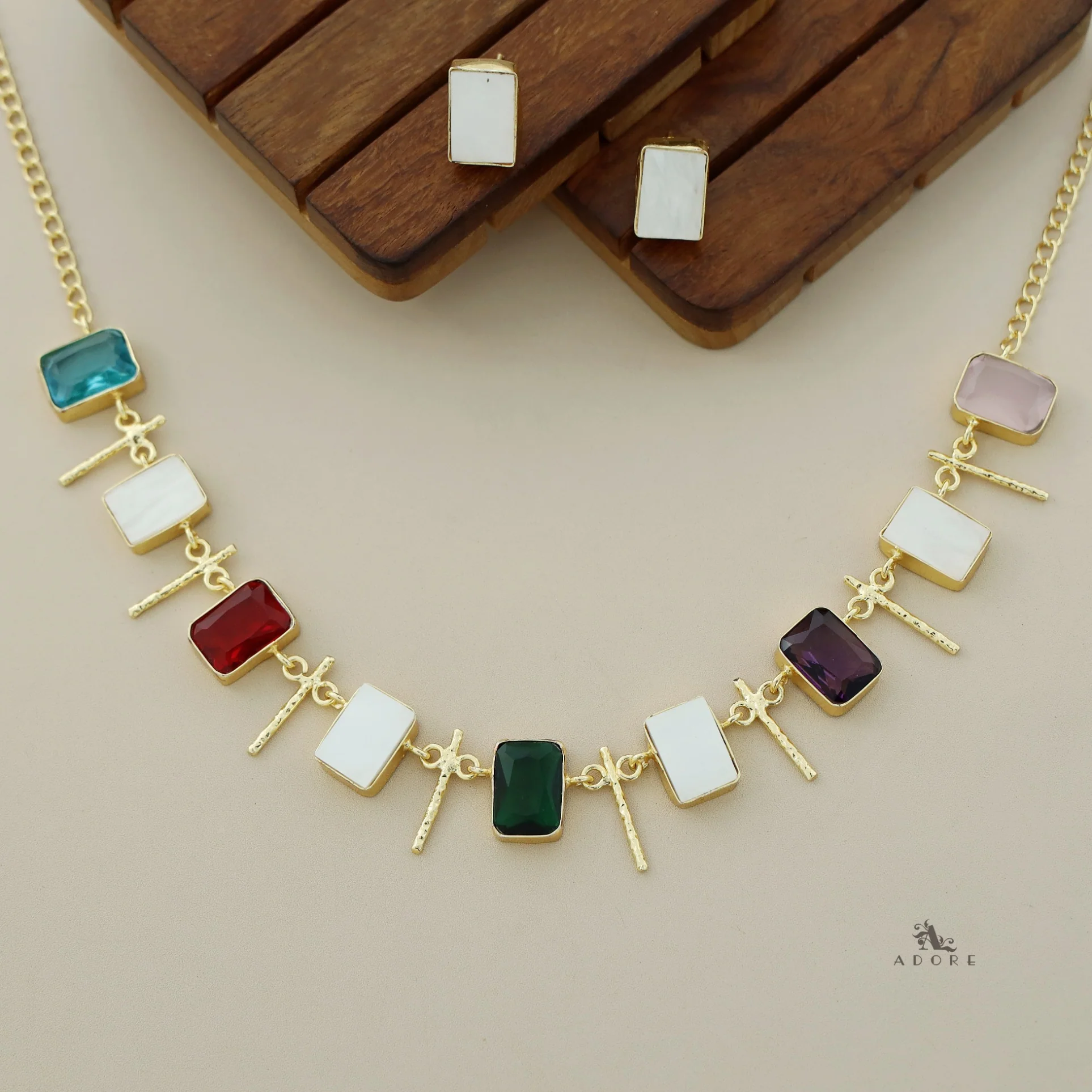 Ishani Rectangle MOP + Glossy Neckpiece With Stud - Image 9