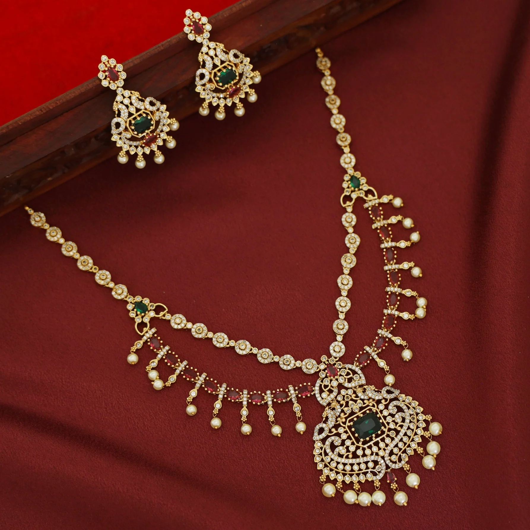 Ishiha AD Stone 2 Layer Bridal Set Neckpiece with Earring - Image 2