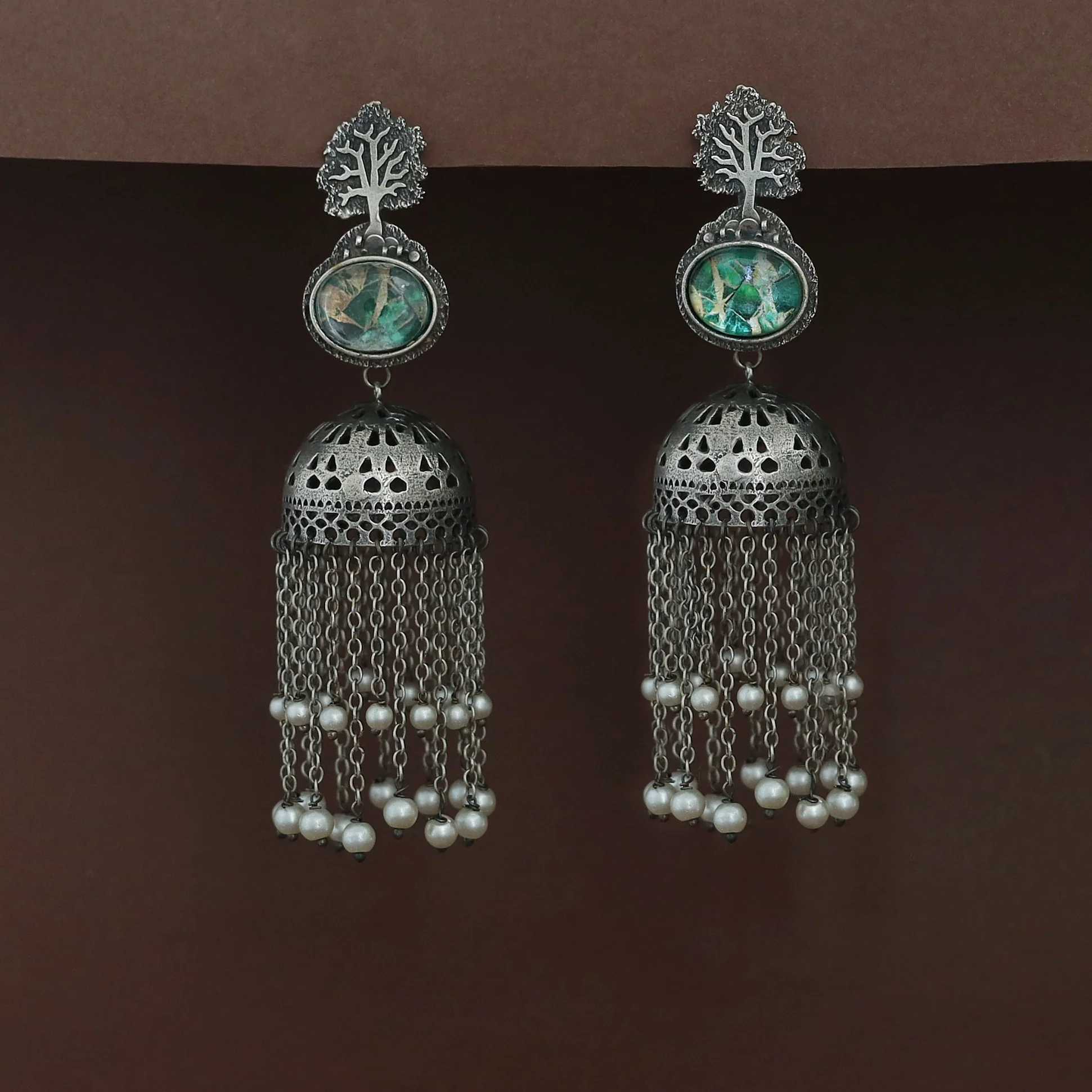 Jaisnavi Tree Glossy Pearl Hanging Jhumka - Image 2