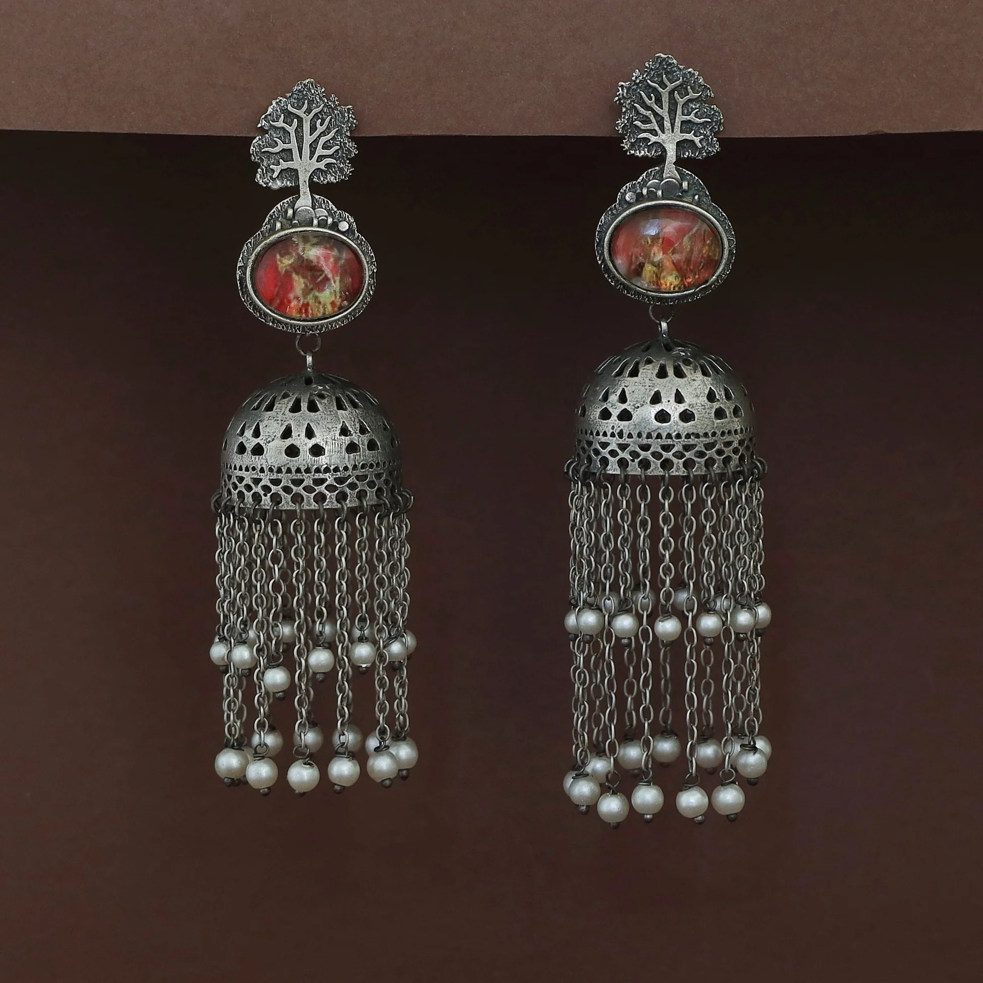 Jaisnavi Tree Glossy Pearl Hanging Jhumka - Image 3