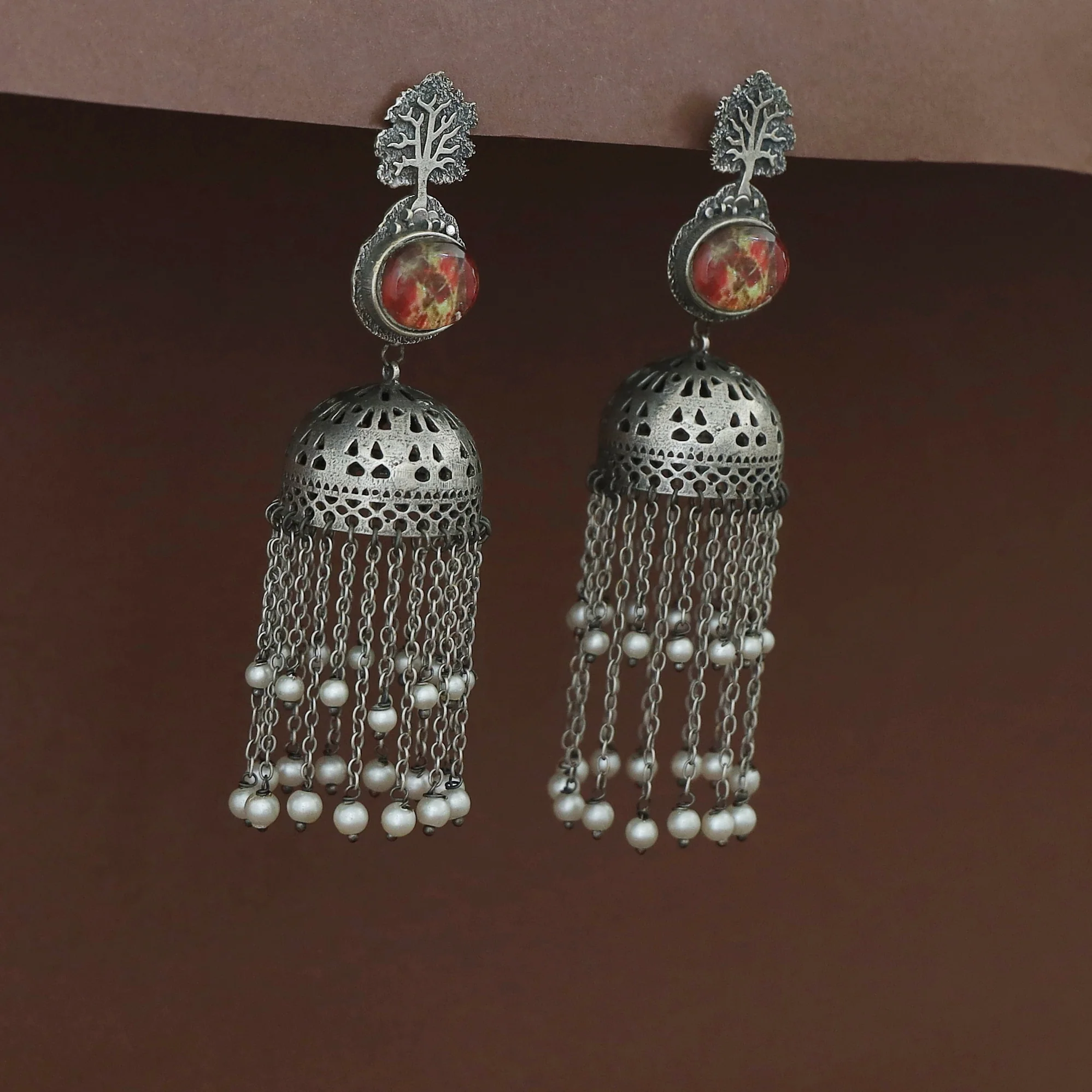 Jaisnavi Tree Glossy Pearl Hanging Jhumka - Image 4