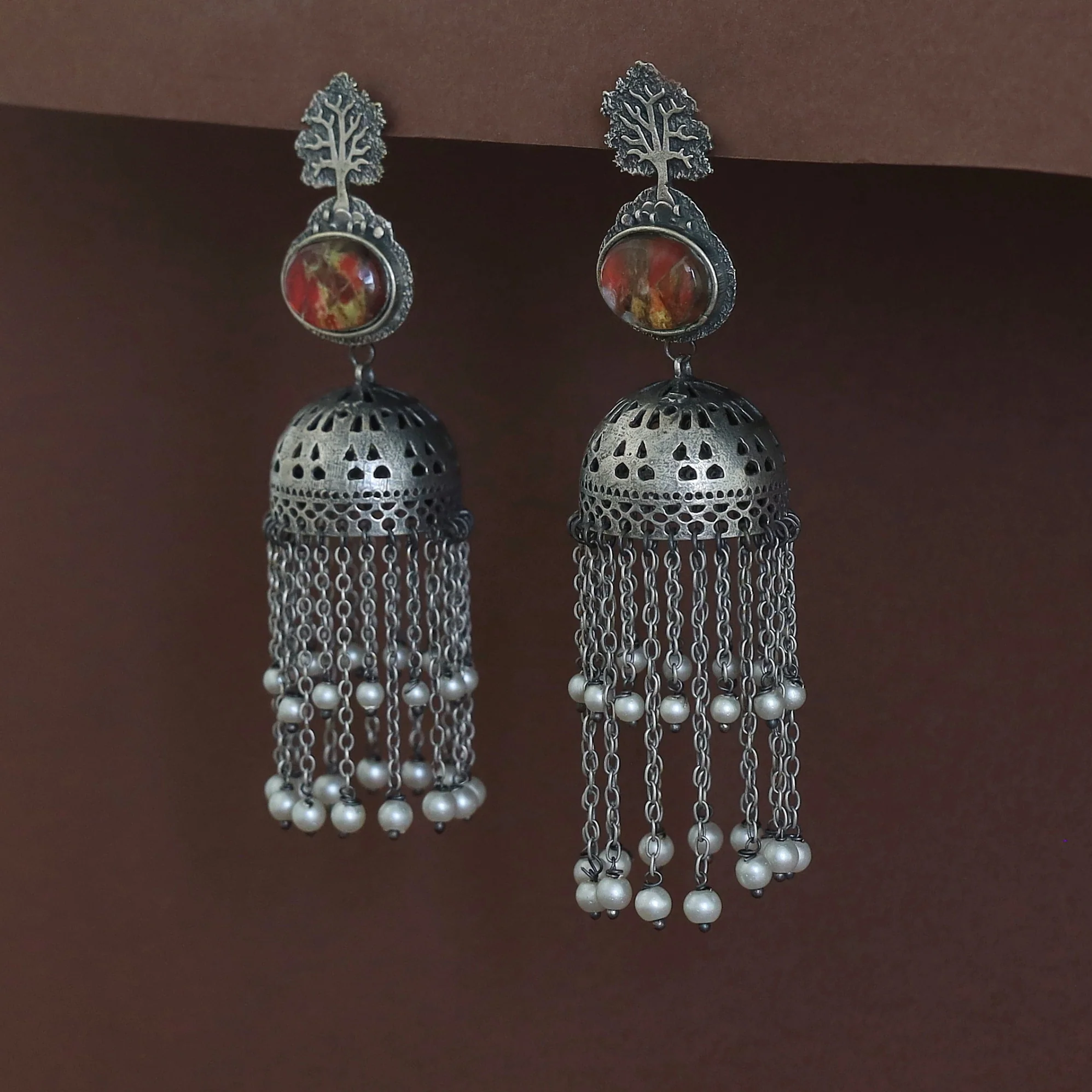 Jaisnavi Tree Glossy Pearl Hanging Jhumka - Image 5