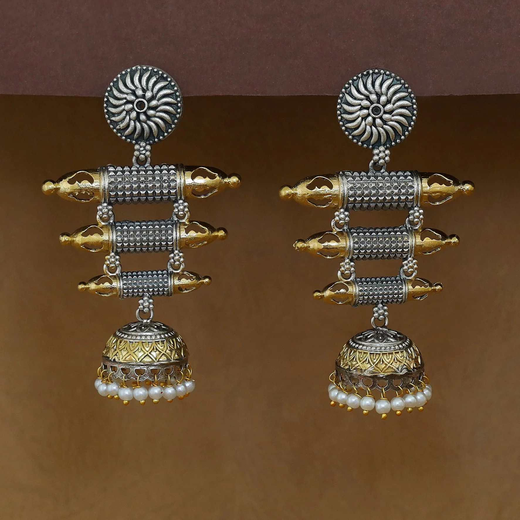 Jeevitha Circle Dual Tone Tri Stick Pearl Jhumka - Image 2