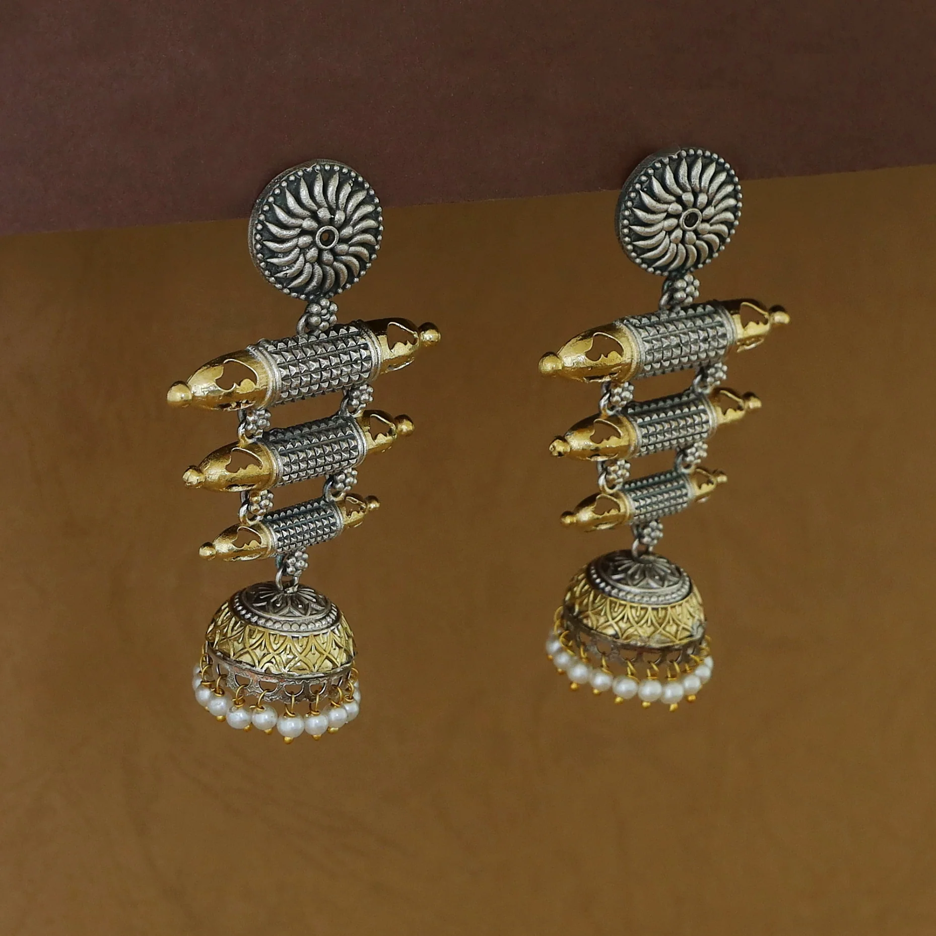 Jeevitha Circle Dual Tone Tri Stick Pearl Jhumka - Image 3