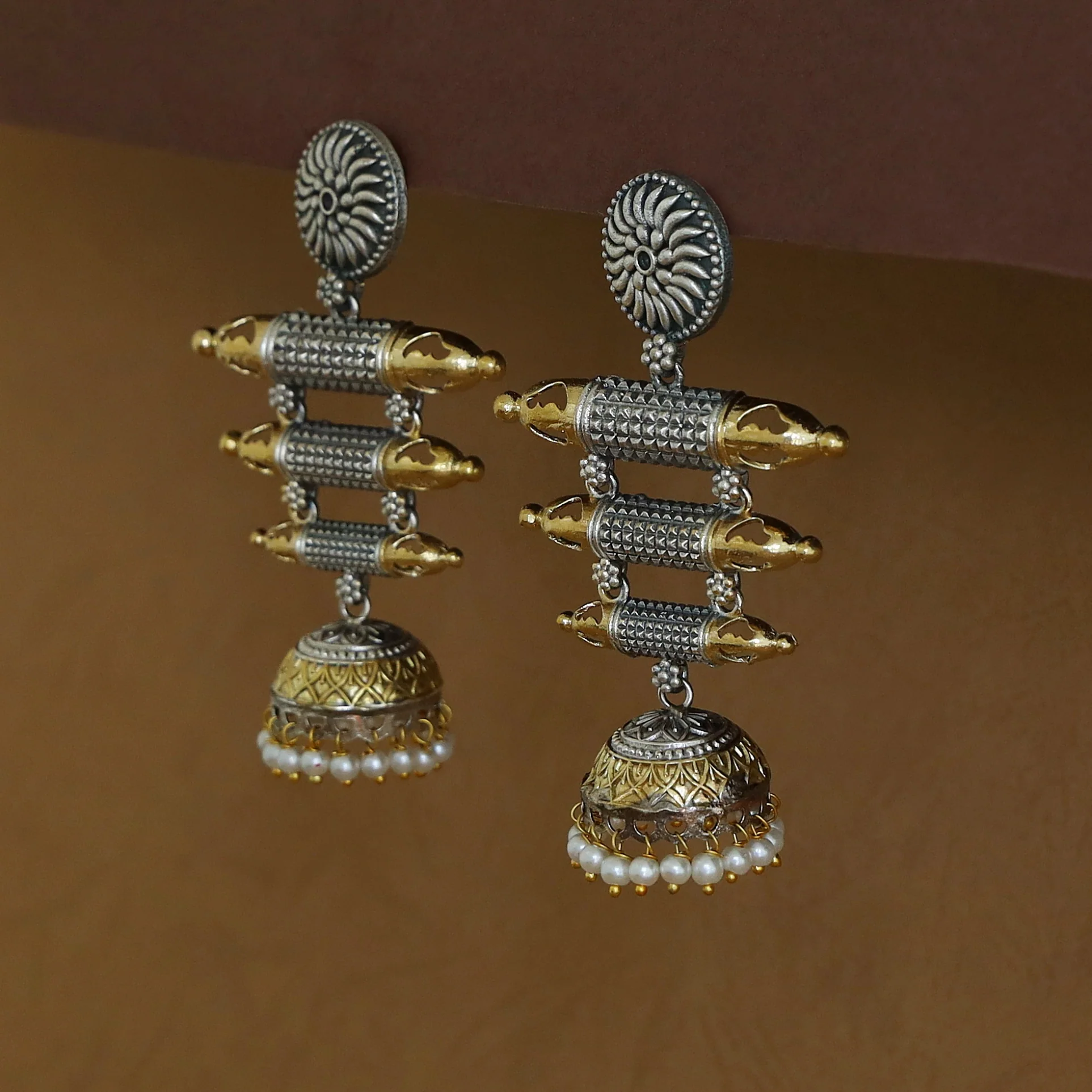 Jeevitha Circle Dual Tone Tri Stick Pearl Jhumka - Image 4