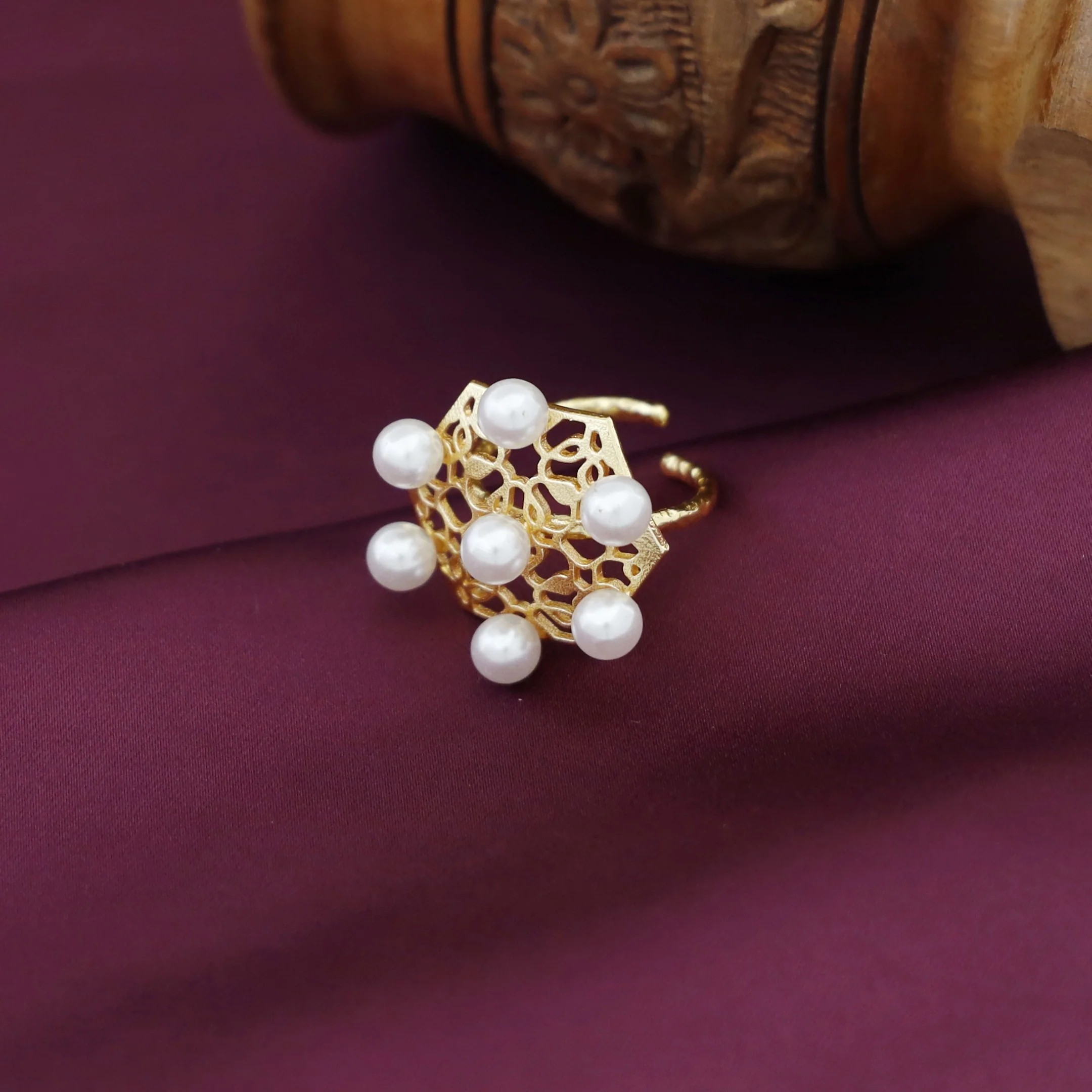 Jennett Hammered Hexagon Pearl Ring - Image 2