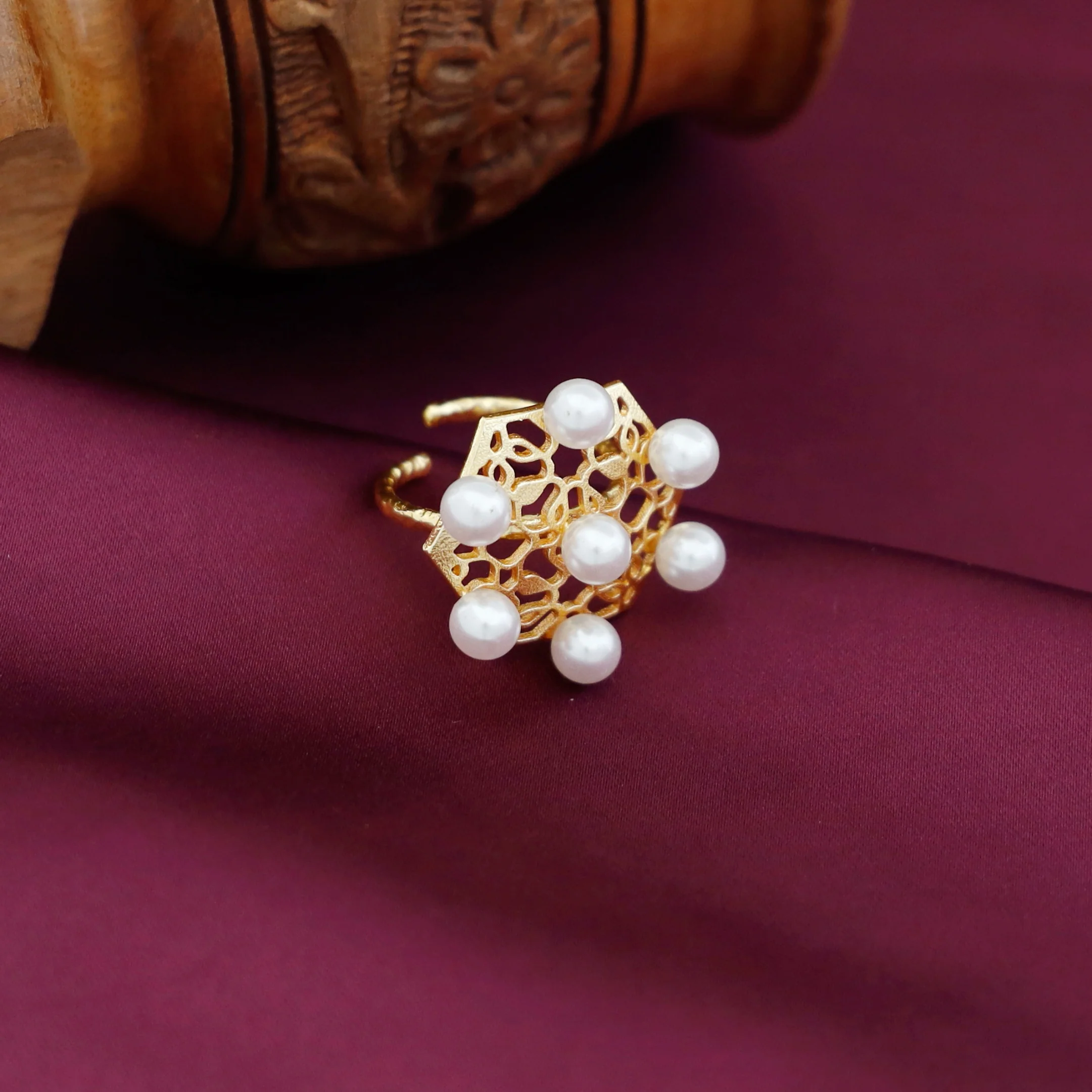 Jennett Hammered Hexagon Pearl Ring - Image 3