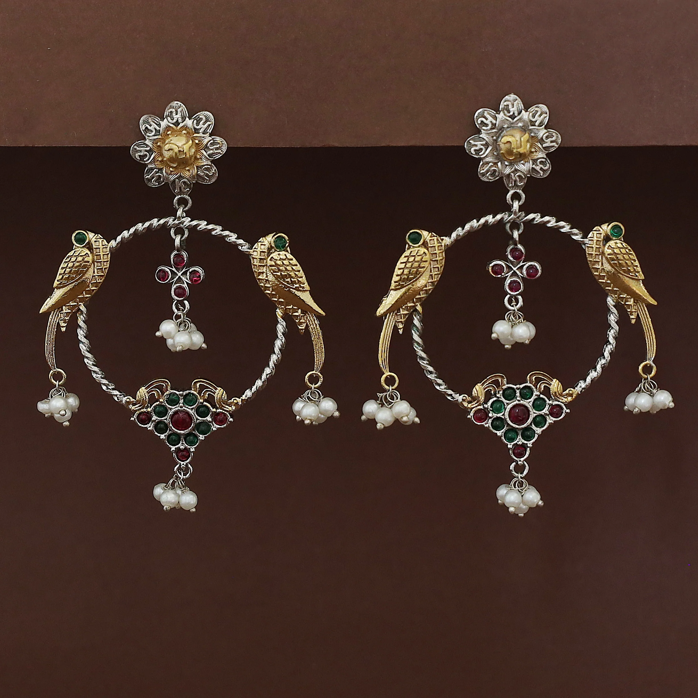 Jianna Flower Dual Tone Pearl Twin Bird Circle Earring - Image 2