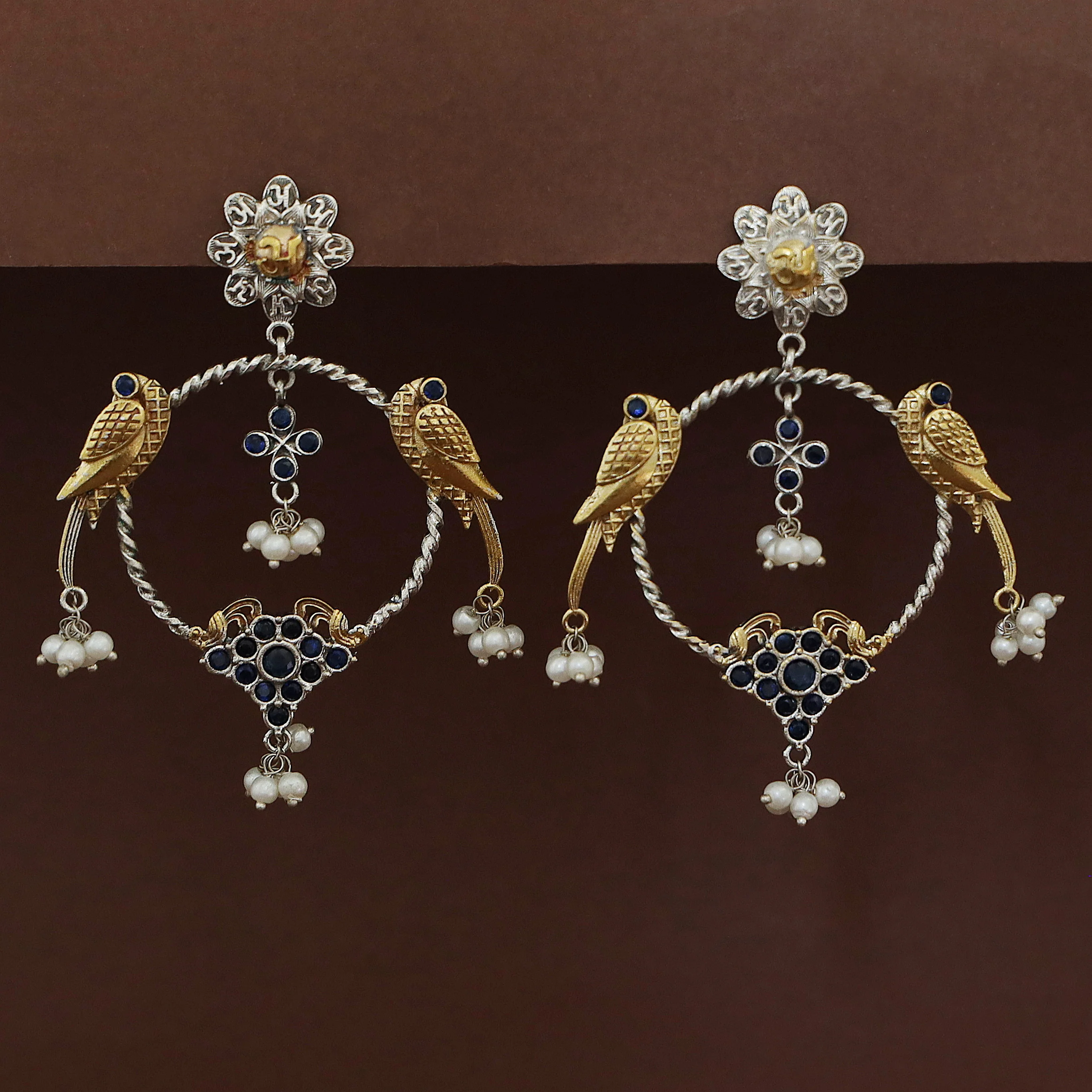 Jianna Flower Dual Tone Pearl Twin Bird Circle Earring - Image 3
