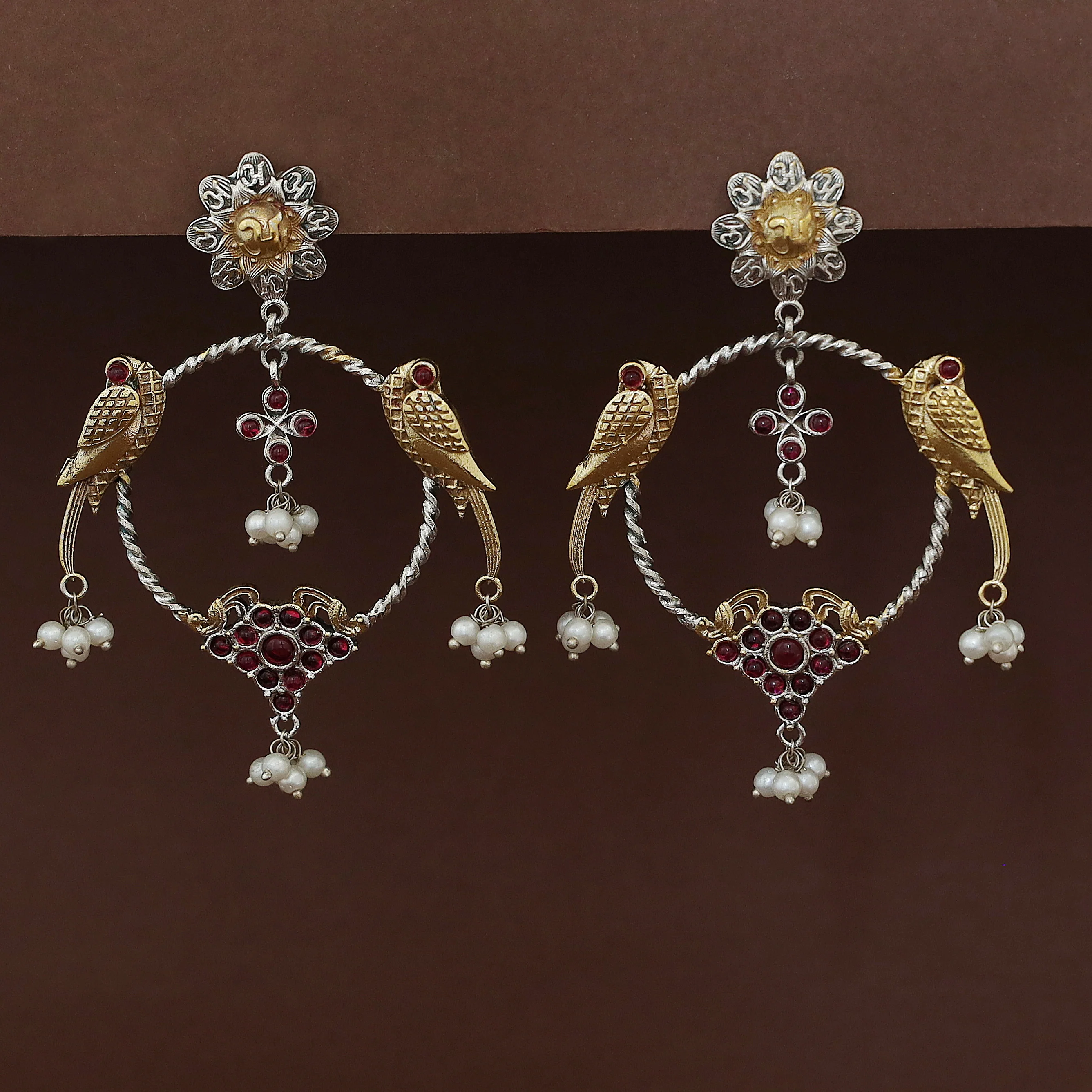 Jianna Flower Dual Tone Pearl Twin Bird Circle Earring - Image 4