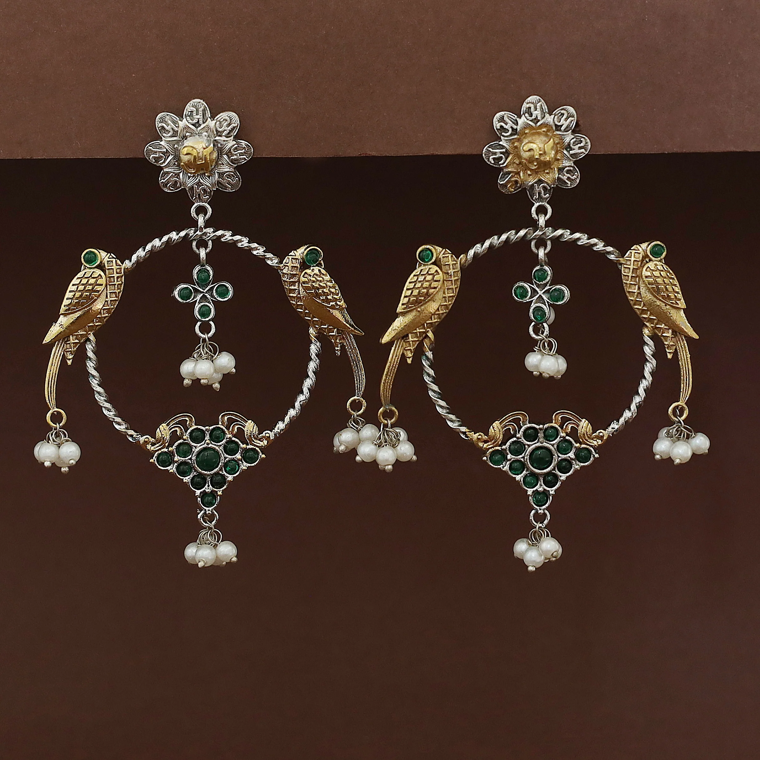 Jianna Flower Dual Tone Pearl Twin Bird Circle Earring - Image 5