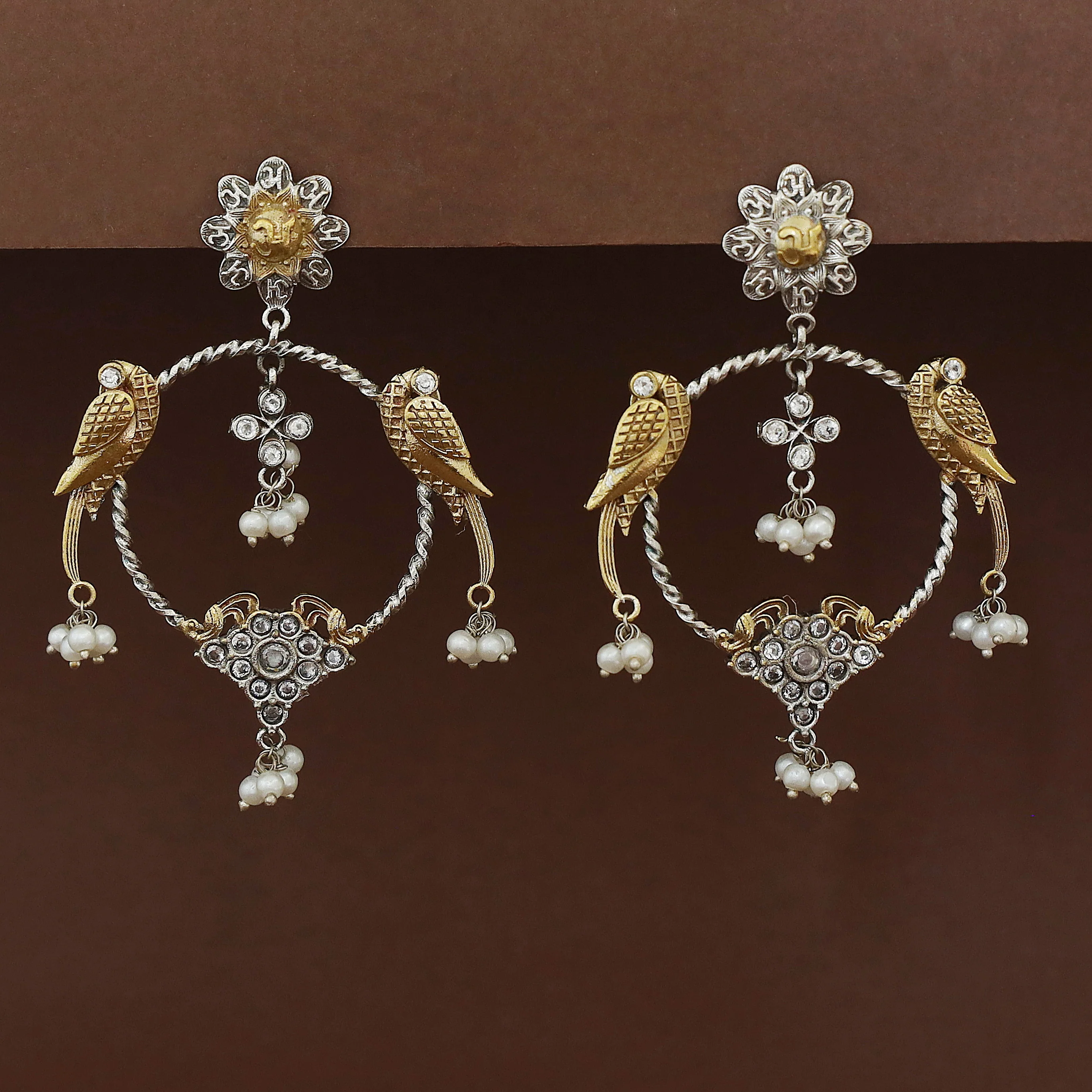 Jianna Flower Dual Tone Pearl Twin Bird Circle Earring - Image 6