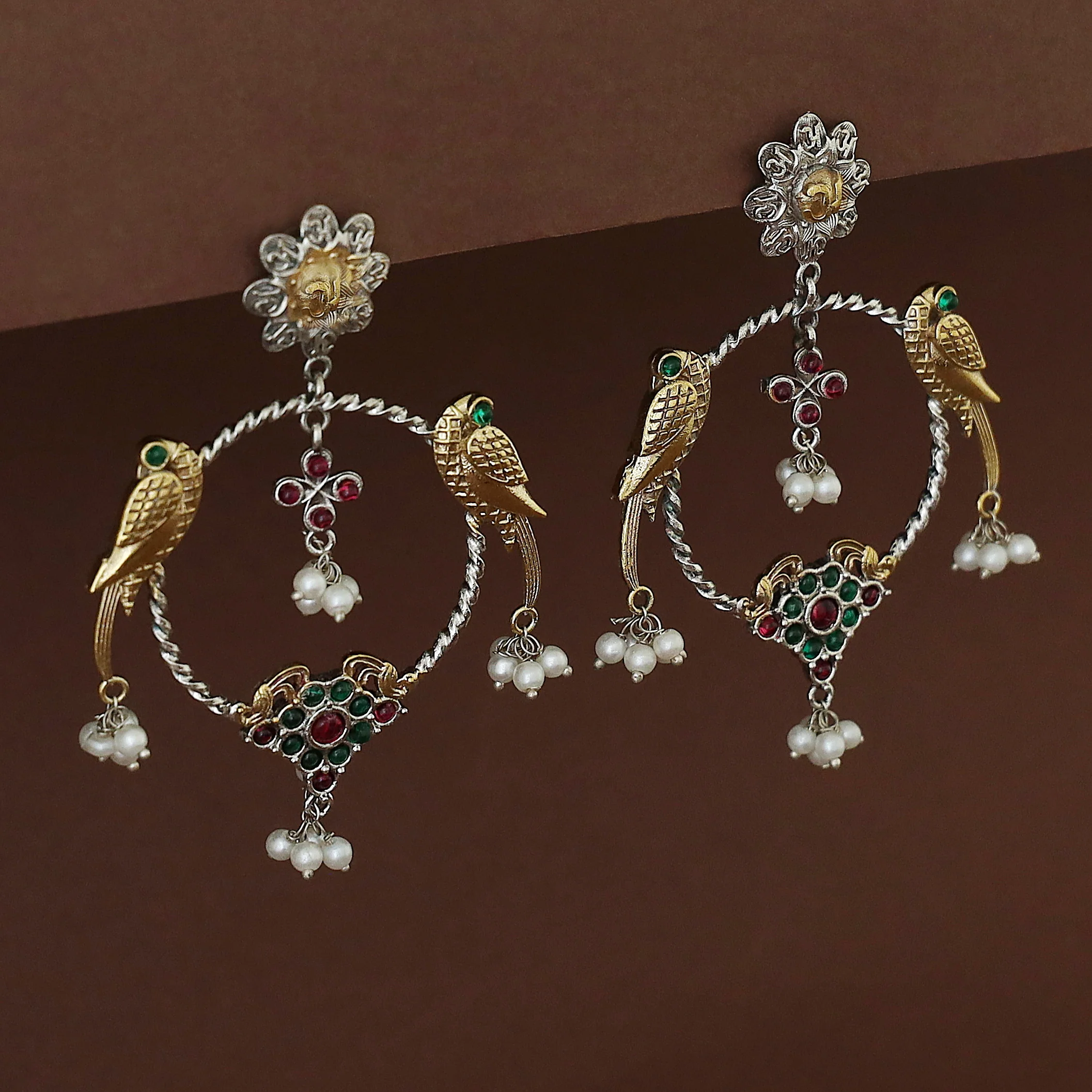 Jianna Flower Dual Tone Pearl Twin Bird Circle Earring - Image 7