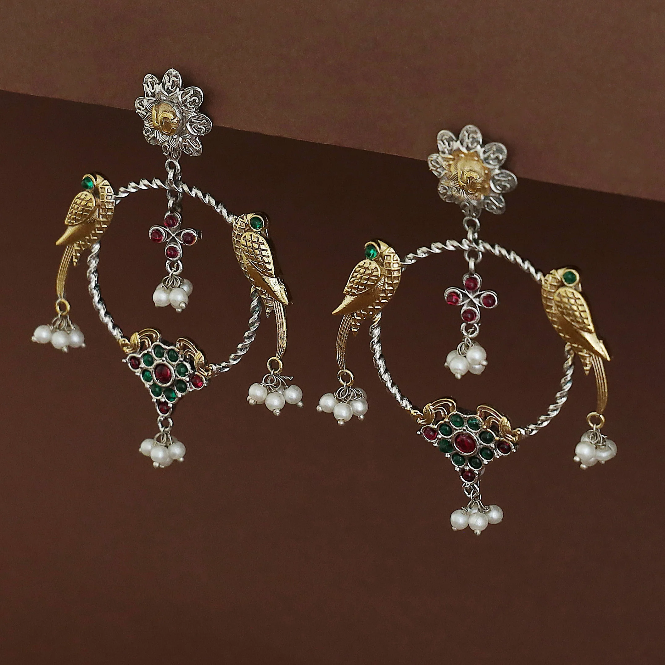 Jianna Flower Dual Tone Pearl Twin Bird Circle Earring - Image 8