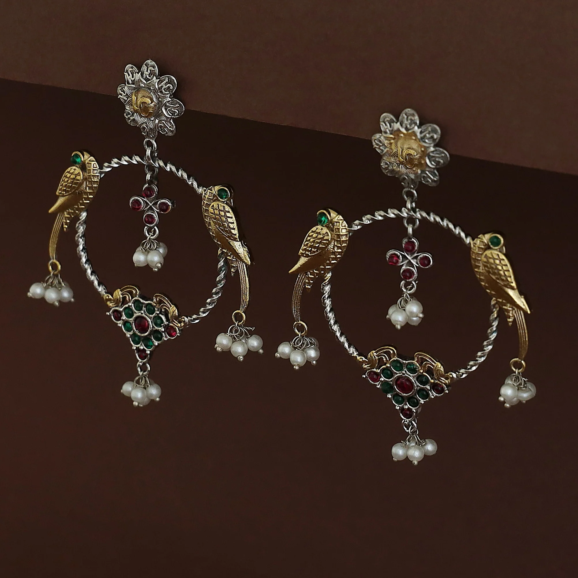 Jianna Flower Dual Tone Pearl Twin Bird Circle Earring - Image 9