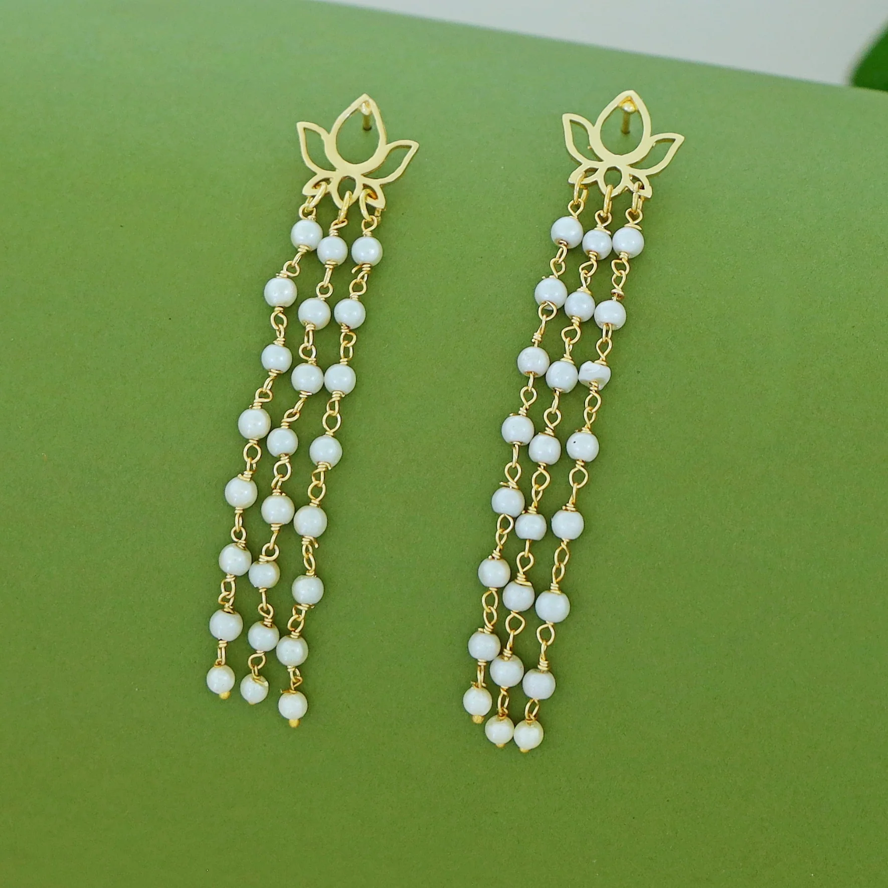 Jivika Lotus Tri Pearl Tassel Earring - Image 2