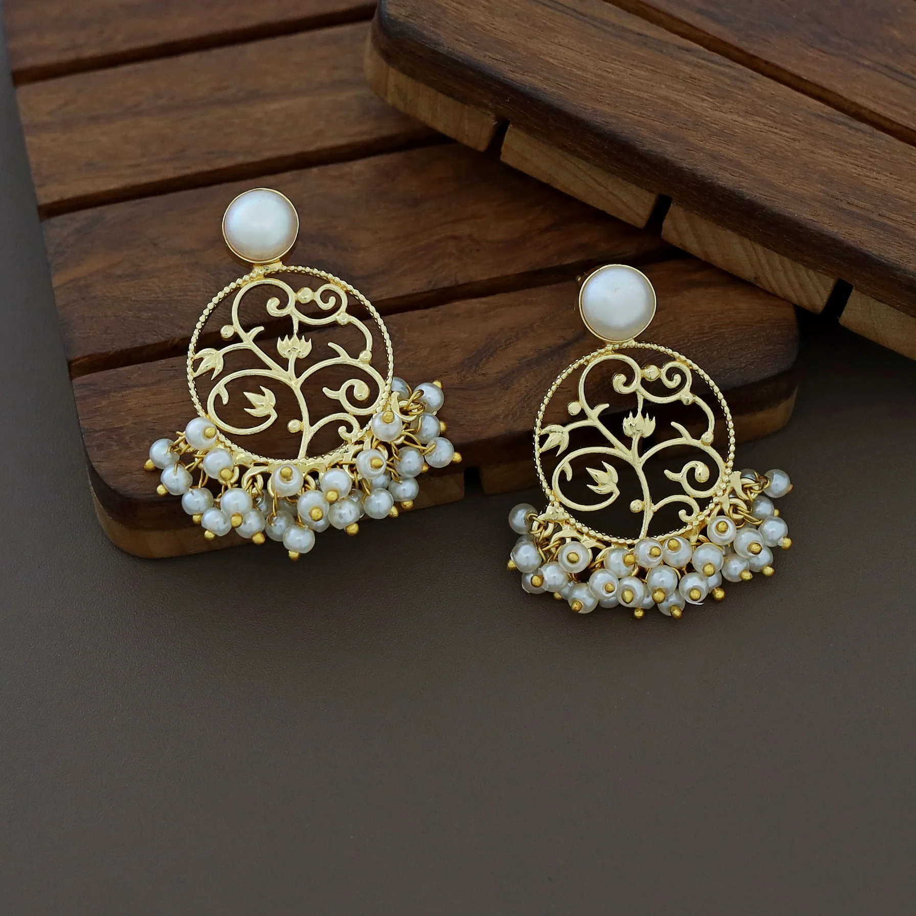 Juliana Golden Floral Cluster Pearl Earring - Image 2