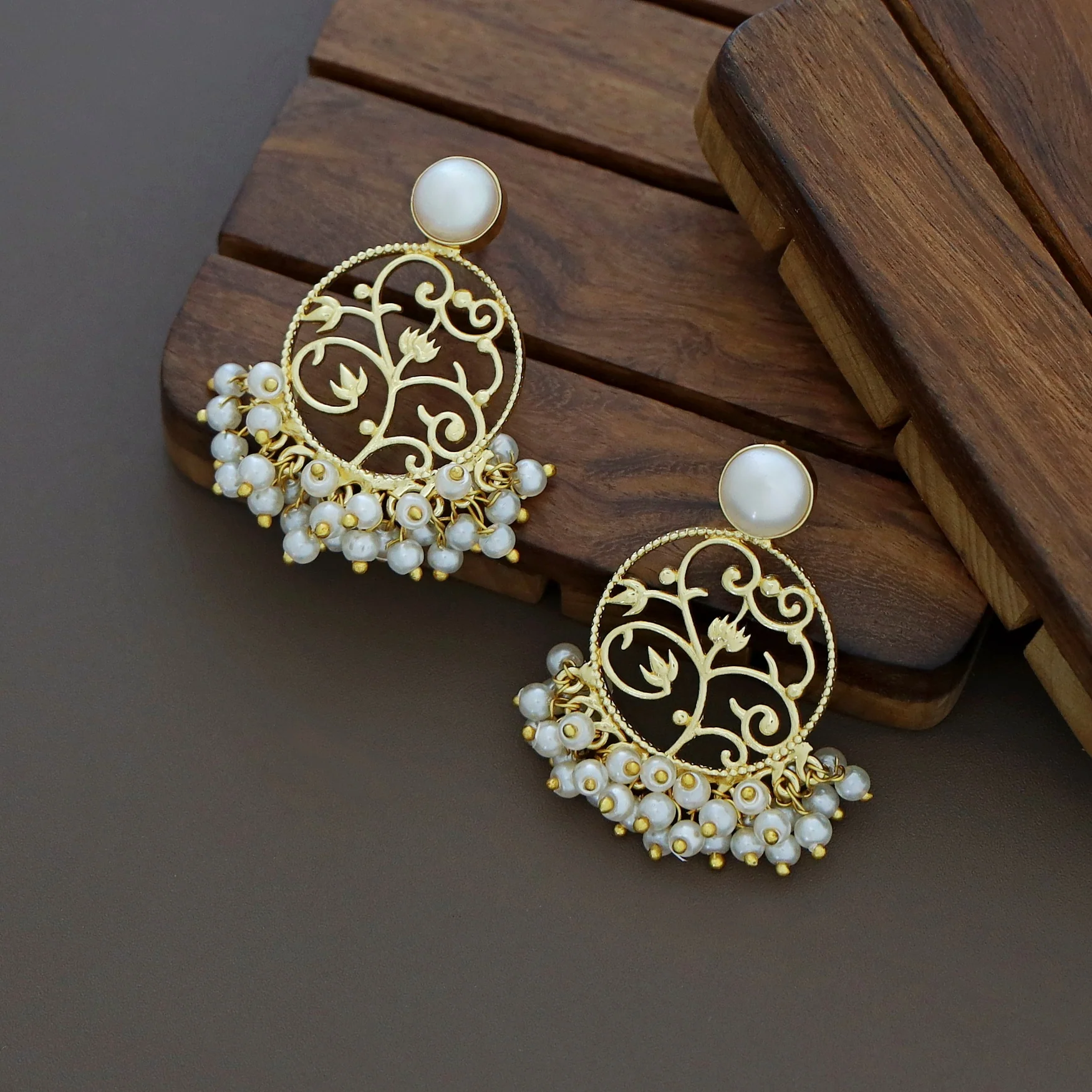 Juliana Golden Floral Cluster Pearl Earring - Image 3