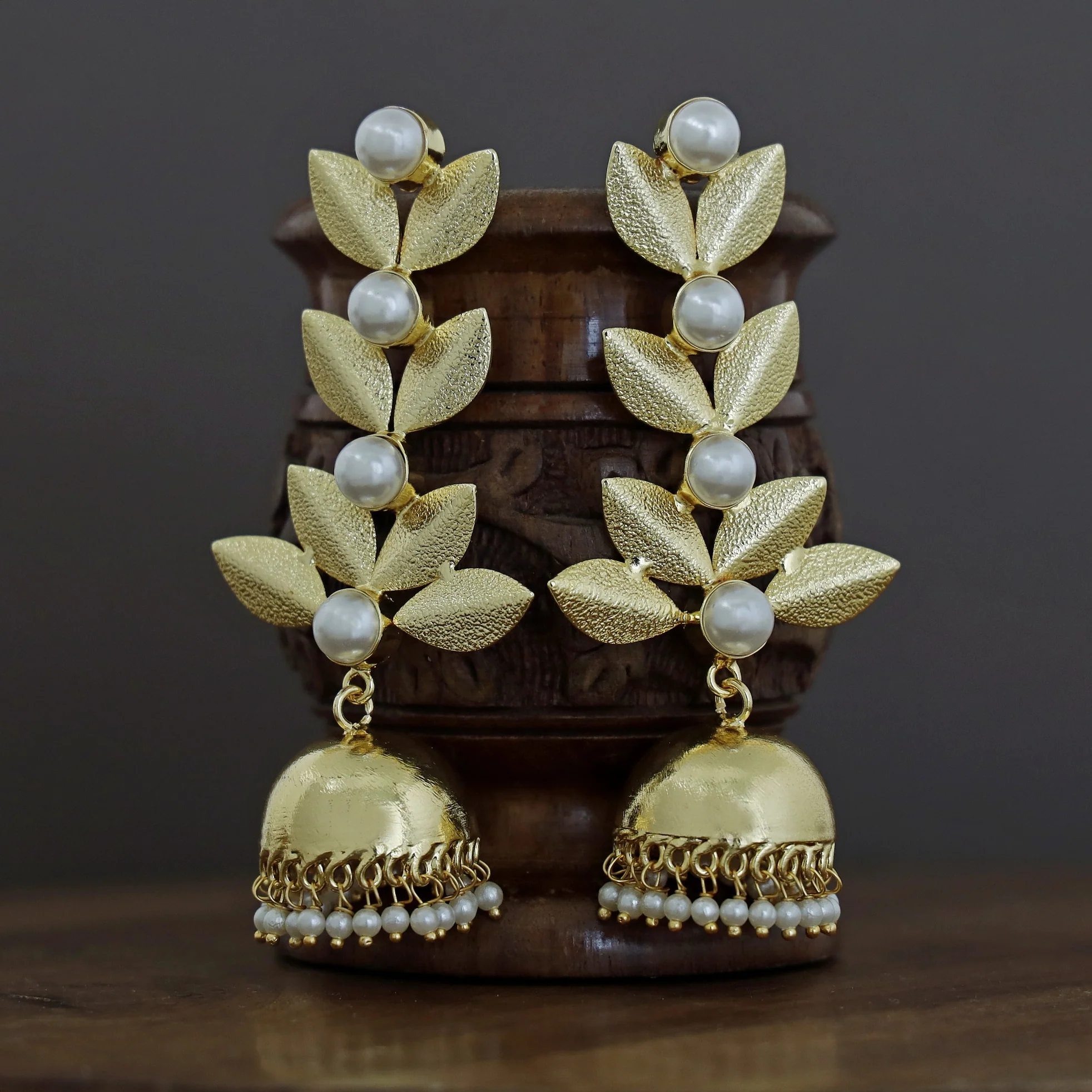 Junia Golden Textured Leafy Pearl Jhumka - Image 2