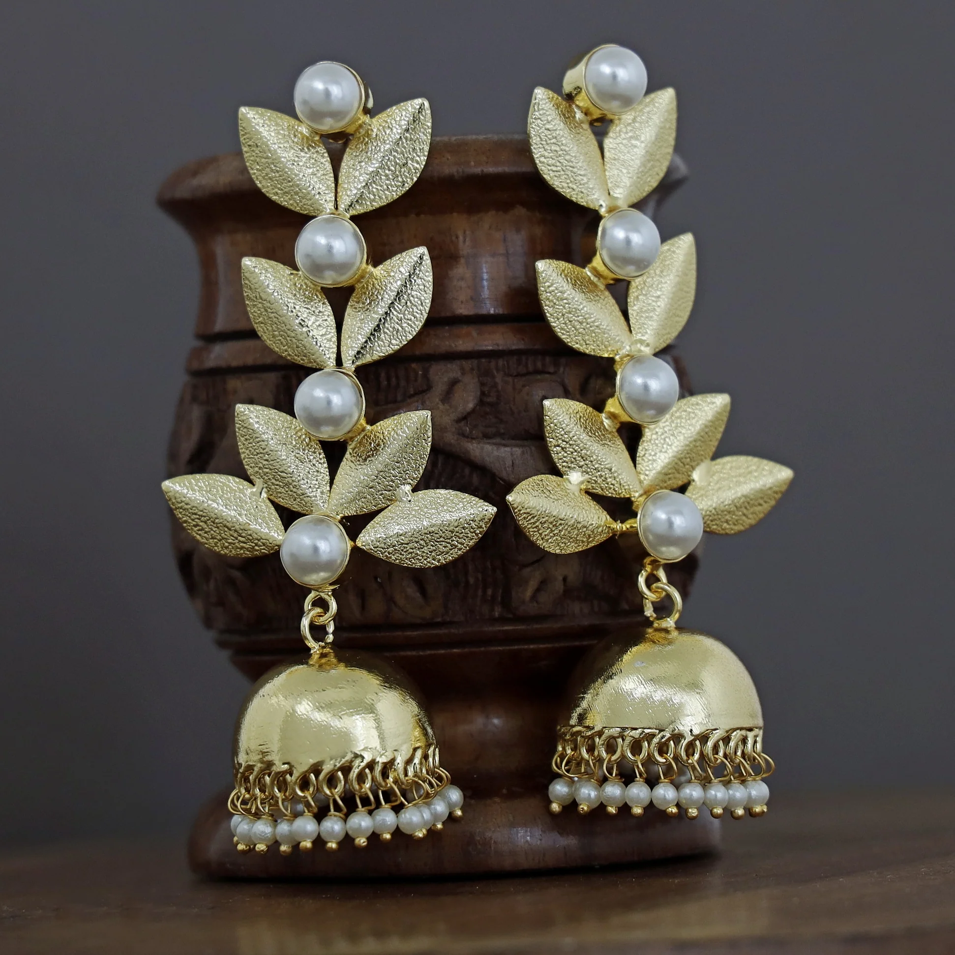 Junia Golden Textured Leafy Pearl Jhumka - Image 3