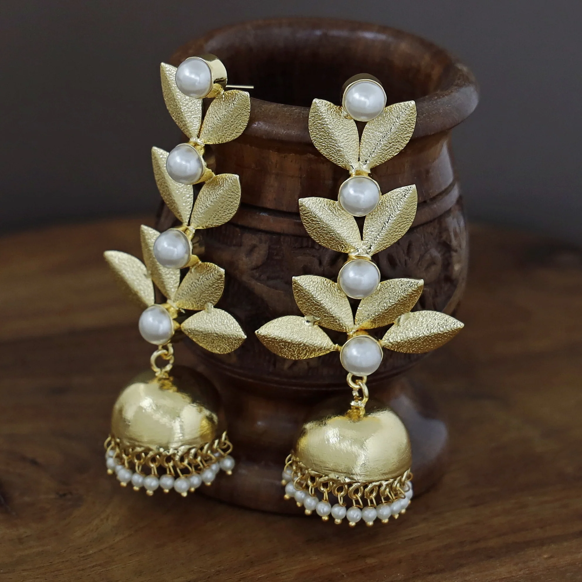 Junia Golden Textured Leafy Pearl Jhumka - Image 4