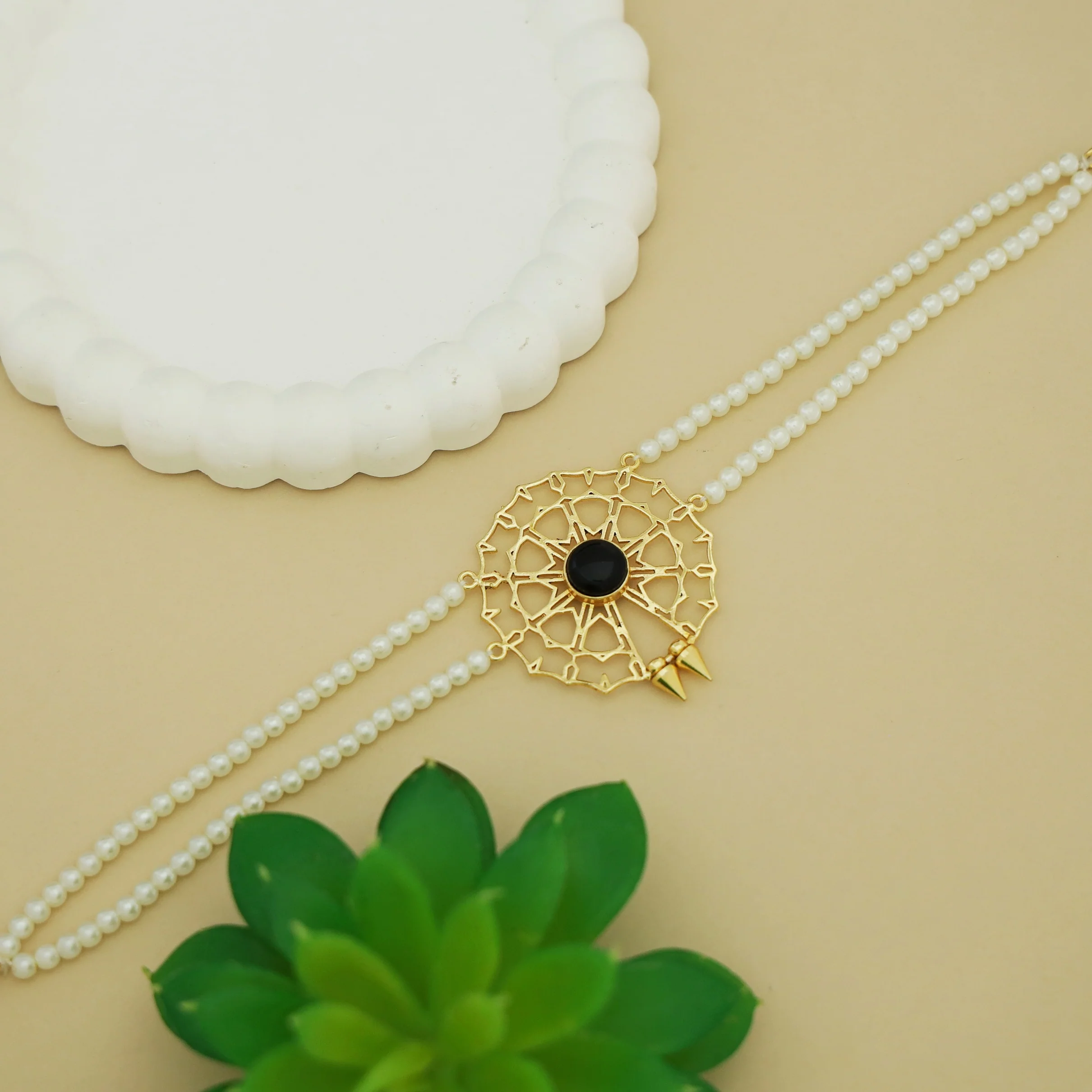 Juno 2 Layer Pearl Golden Chakra Glossy Stone Choker - Image 10