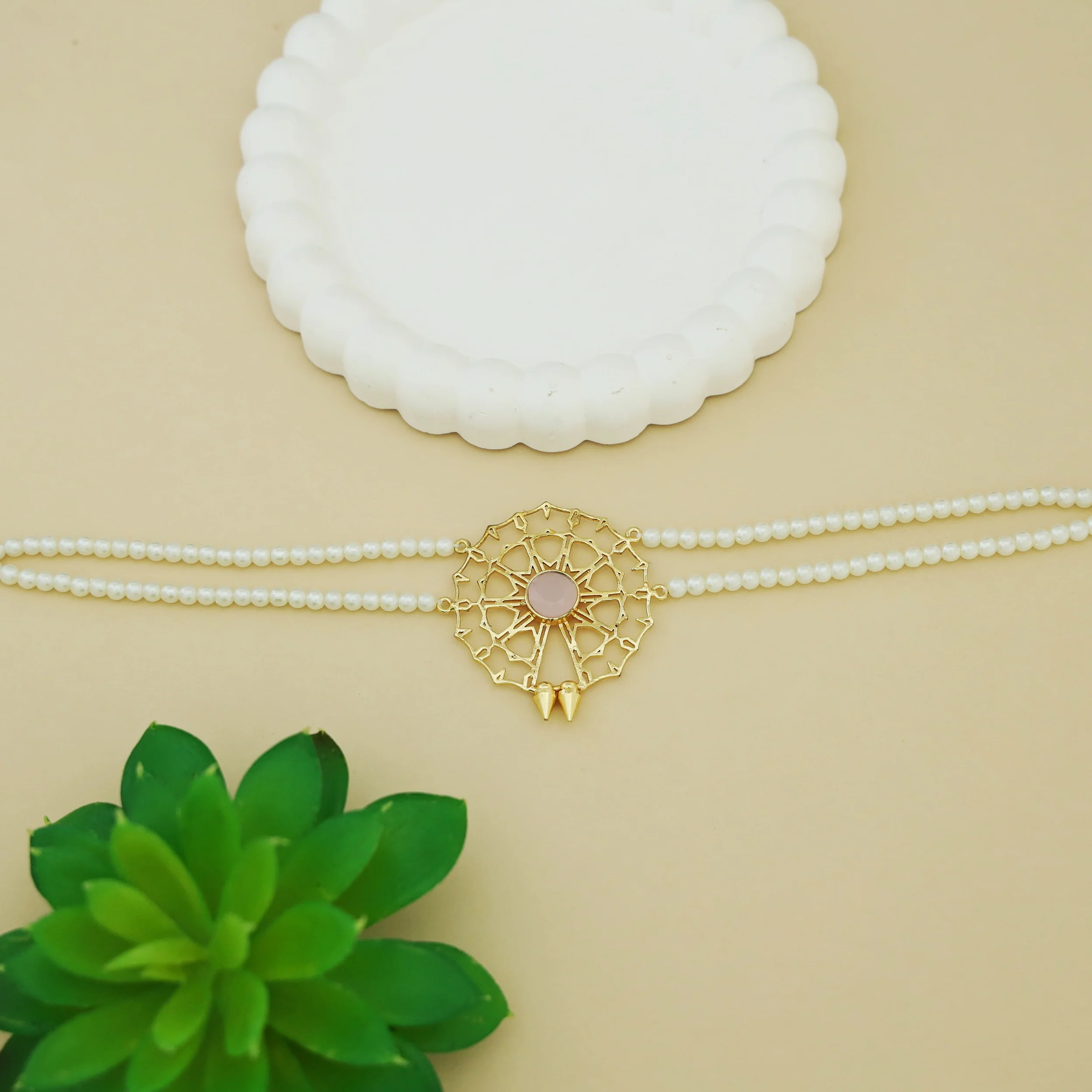 Juno 2 Layer Pearl Golden Chakra Glossy Stone Choker - Image 11