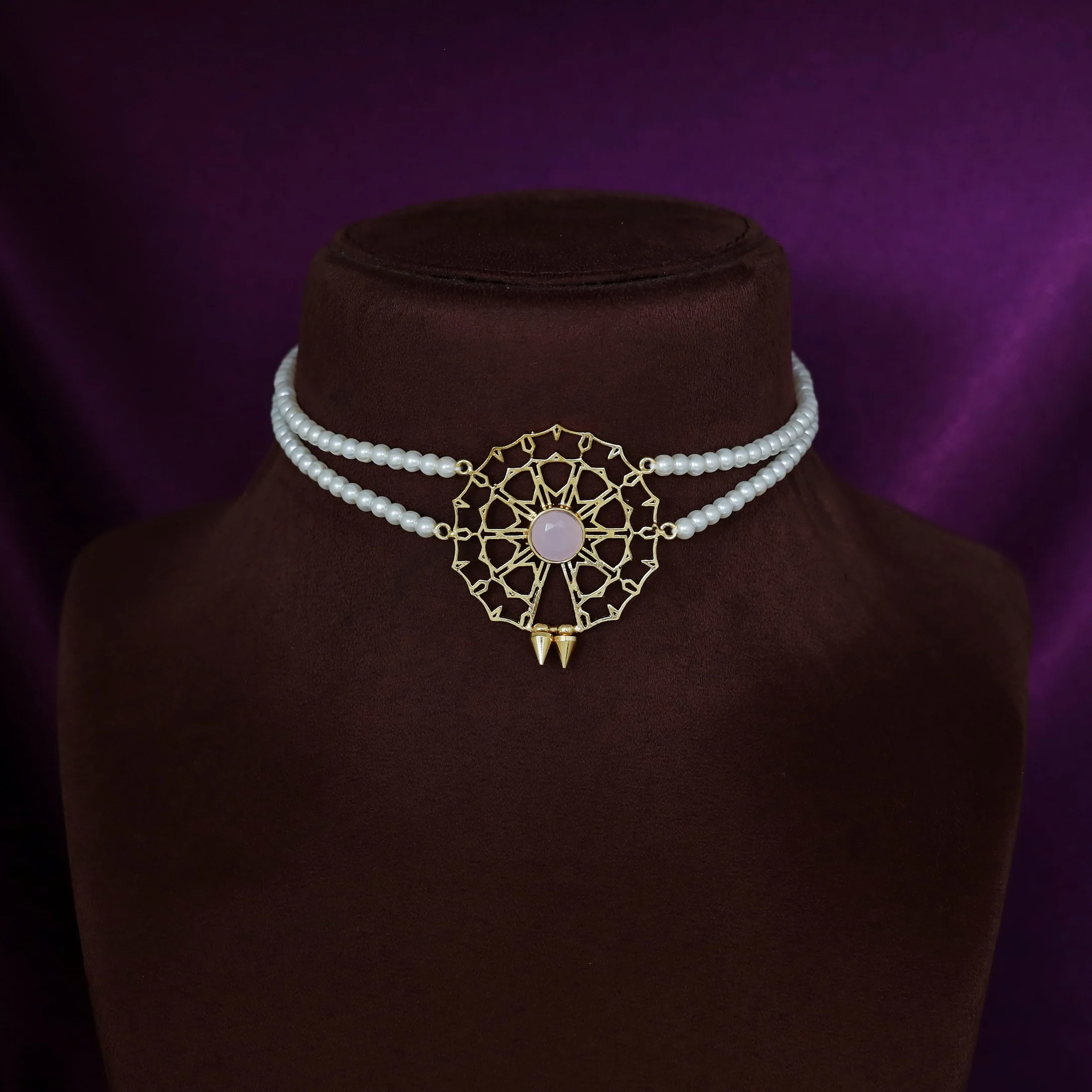 Juno 2 Layer Pearl Golden Chakra Glossy Stone Choker - Image 12