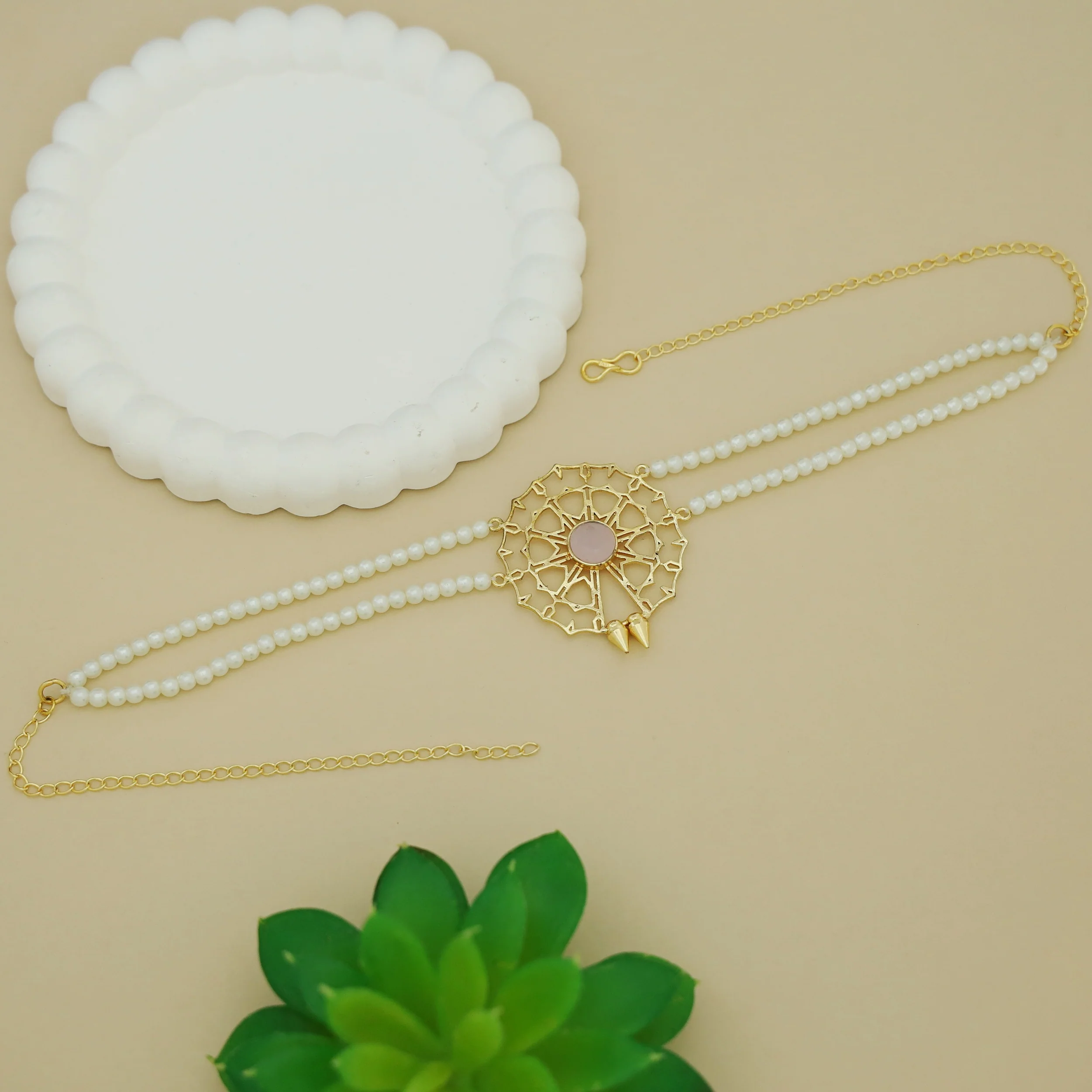Juno 2 Layer Pearl Golden Chakra Glossy Stone Choker - Image 13