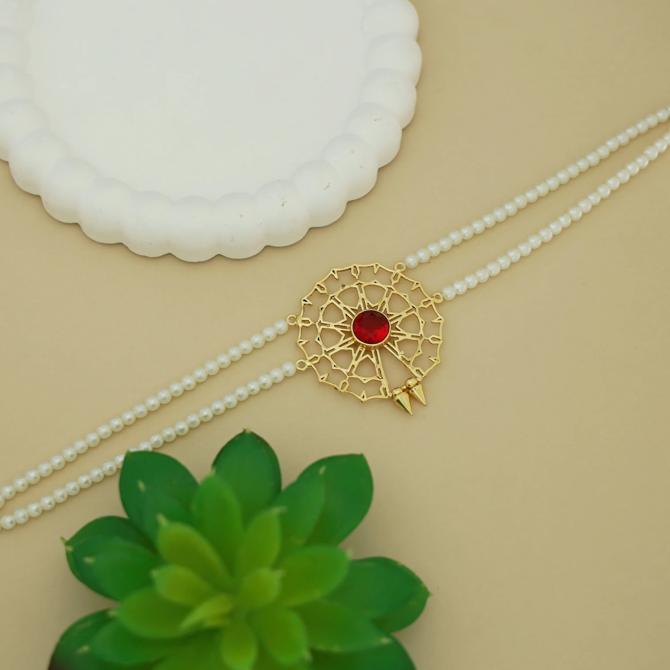 Juno 2 Layer Pearl Golden Chakra Glossy Stone Choker - Image 2