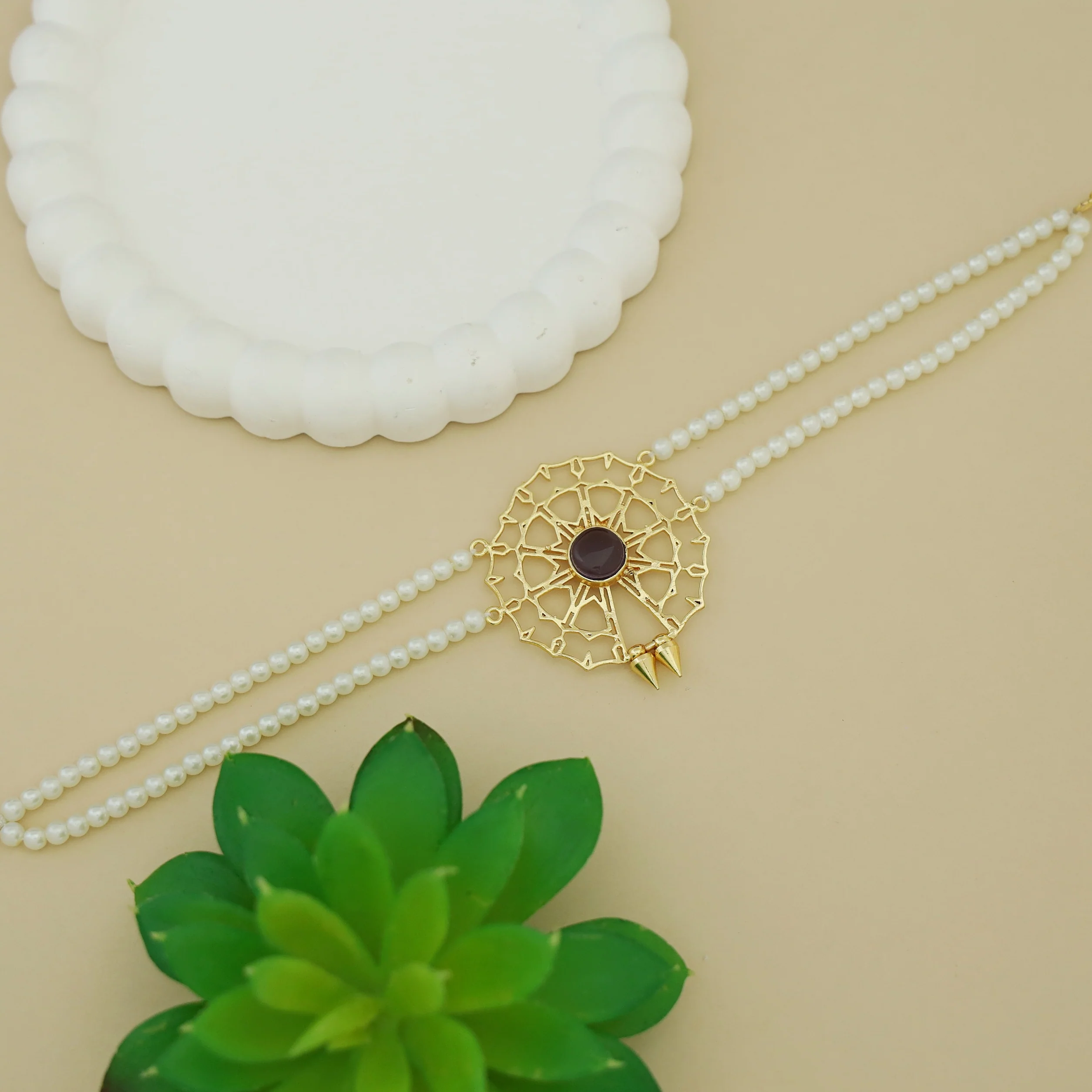 Juno 2 Layer Pearl Golden Chakra Glossy Stone Choker - Image 3