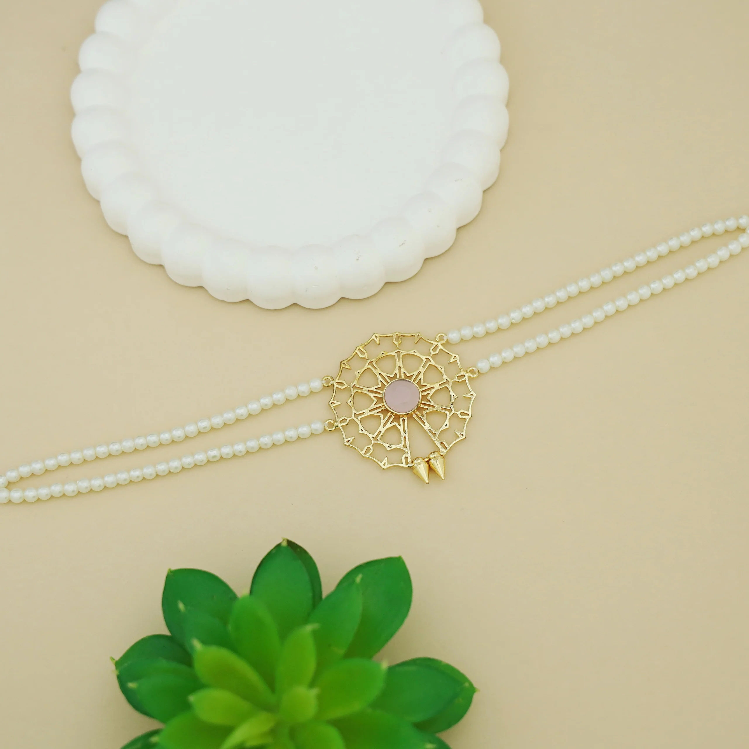 Juno 2 Layer Pearl Golden Chakra Glossy Stone Choker - Image 4
