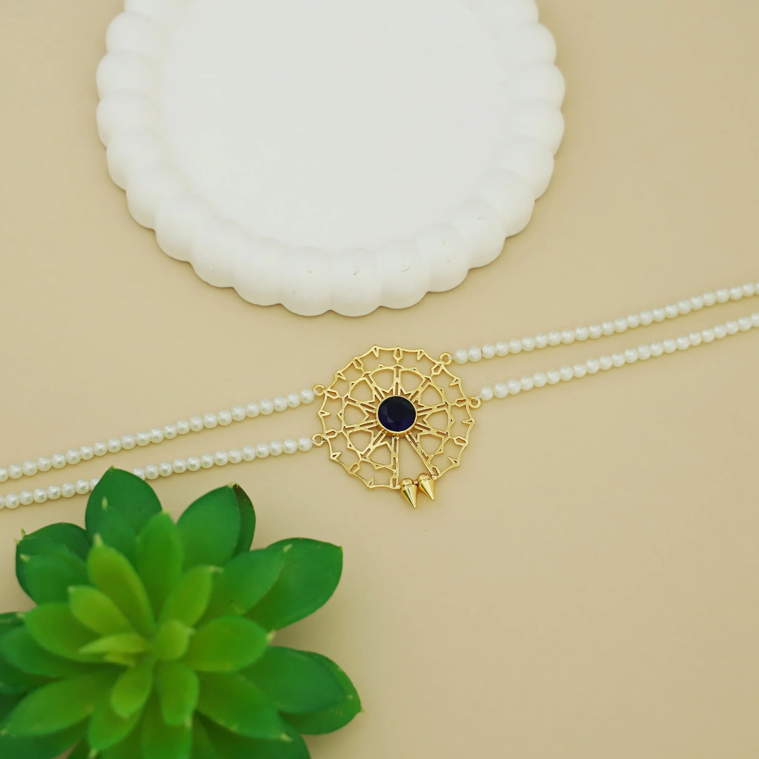 Juno 2 Layer Pearl Golden Chakra Glossy Stone Choker - Image 5