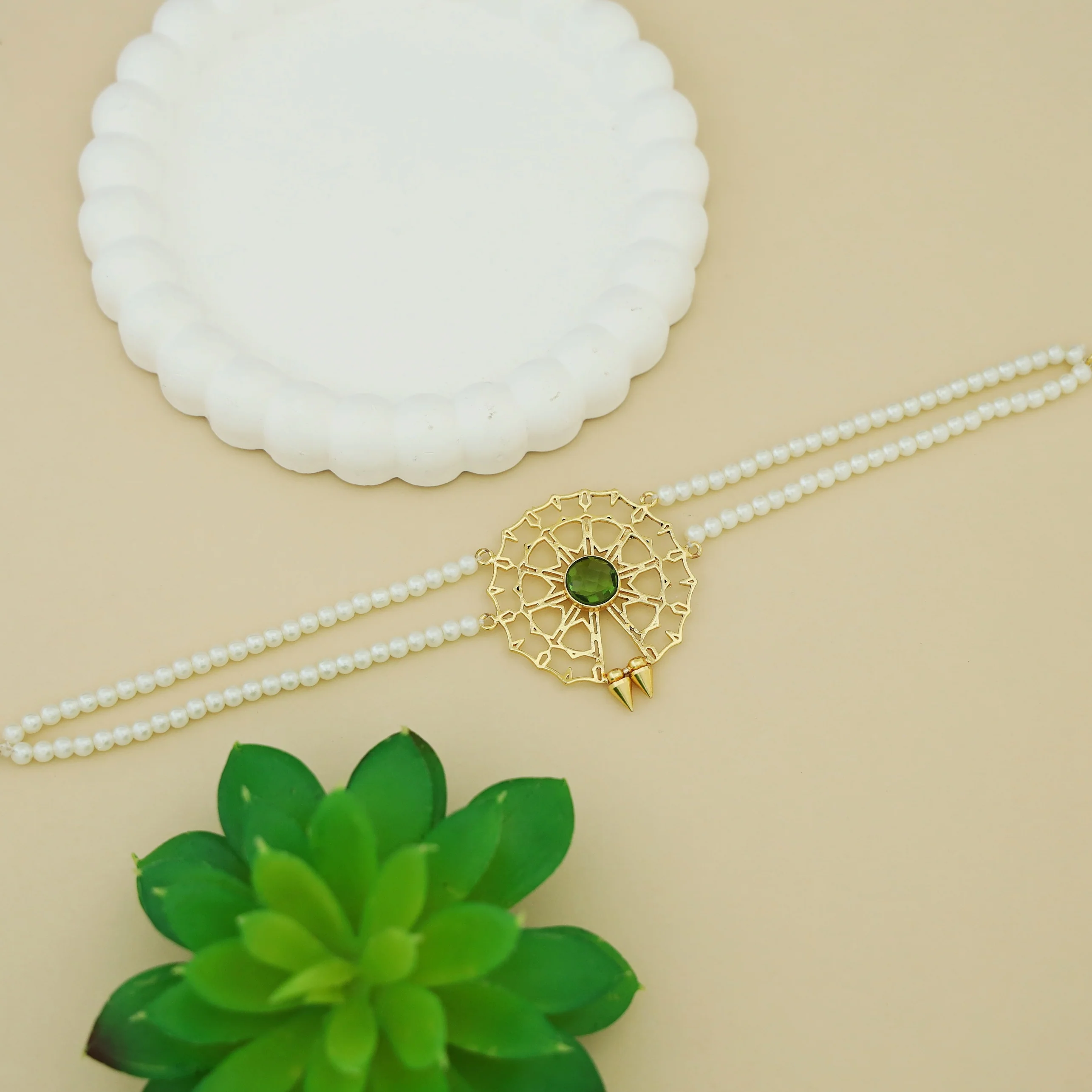 Juno 2 Layer Pearl Golden Chakra Glossy Stone Choker - Image 6