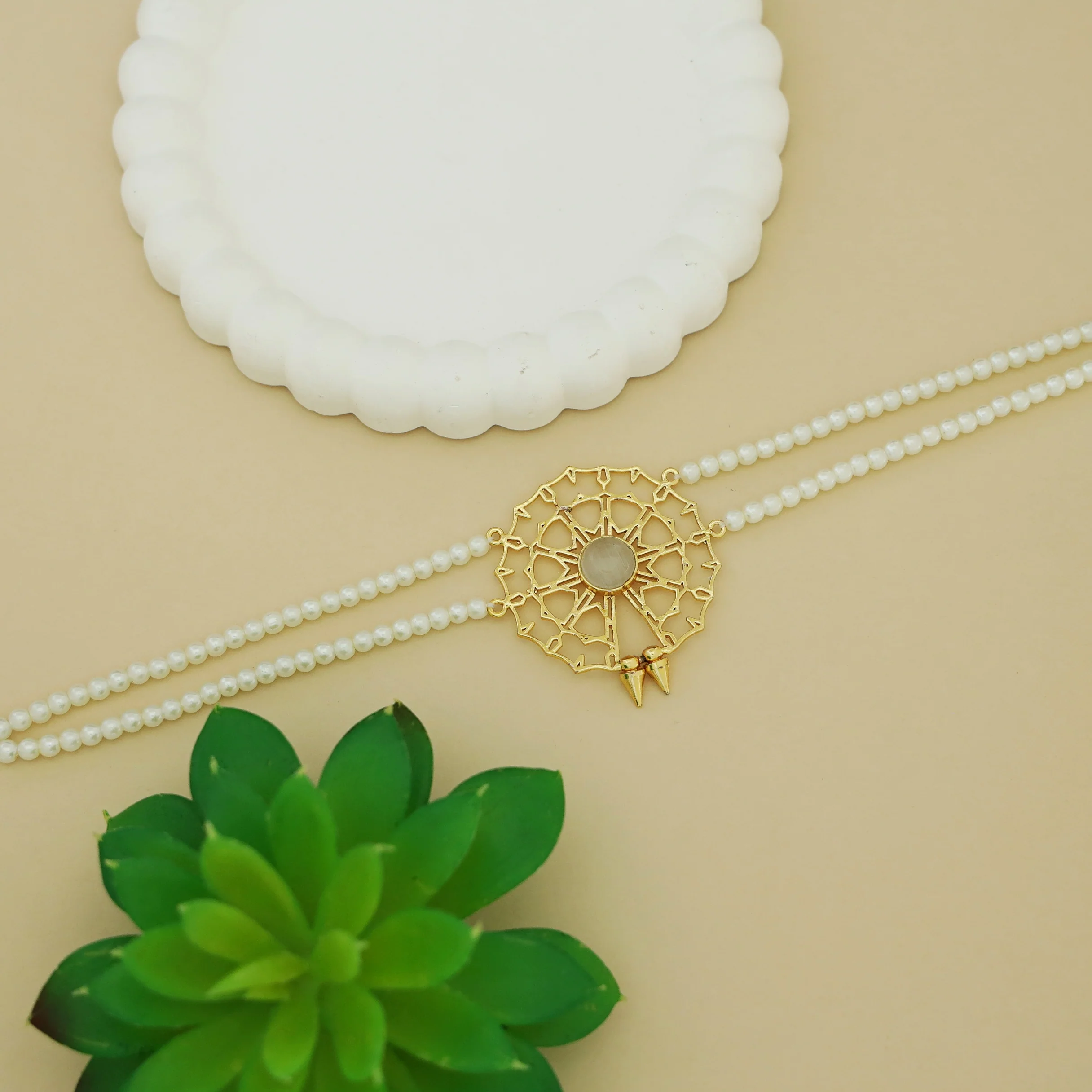 Juno 2 Layer Pearl Golden Chakra Glossy Stone Choker - Image 7