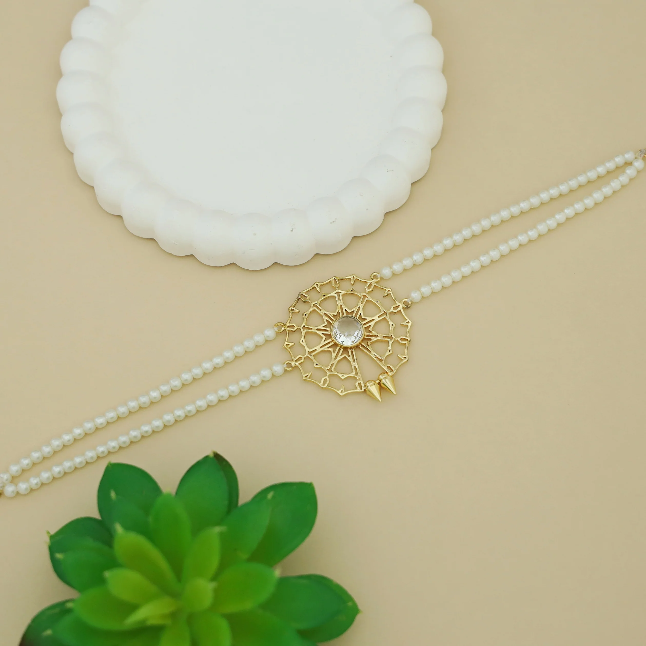 Juno 2 Layer Pearl Golden Chakra Glossy Stone Choker - Image 8