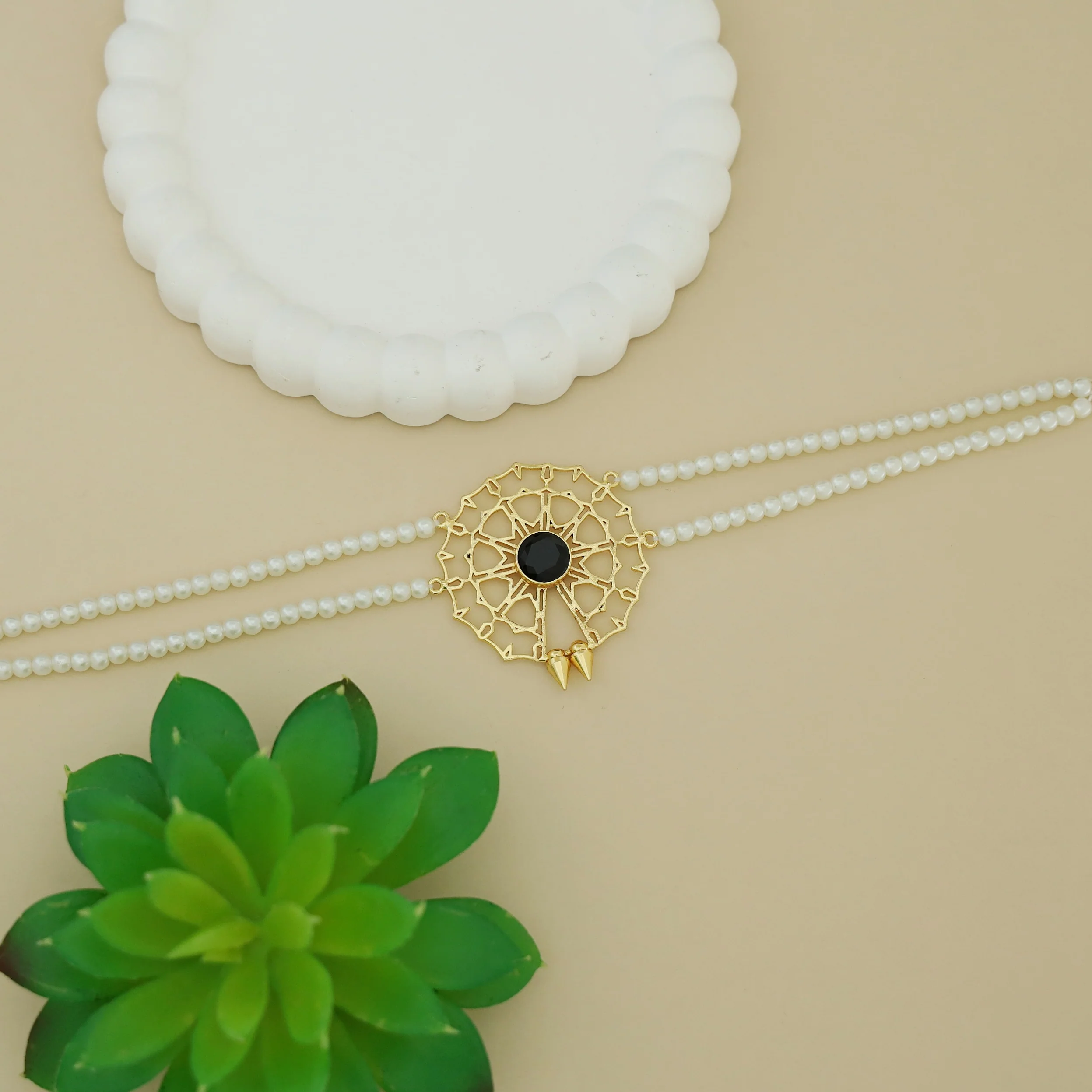 Juno 2 Layer Pearl Golden Chakra Glossy Stone Choker - Image 9