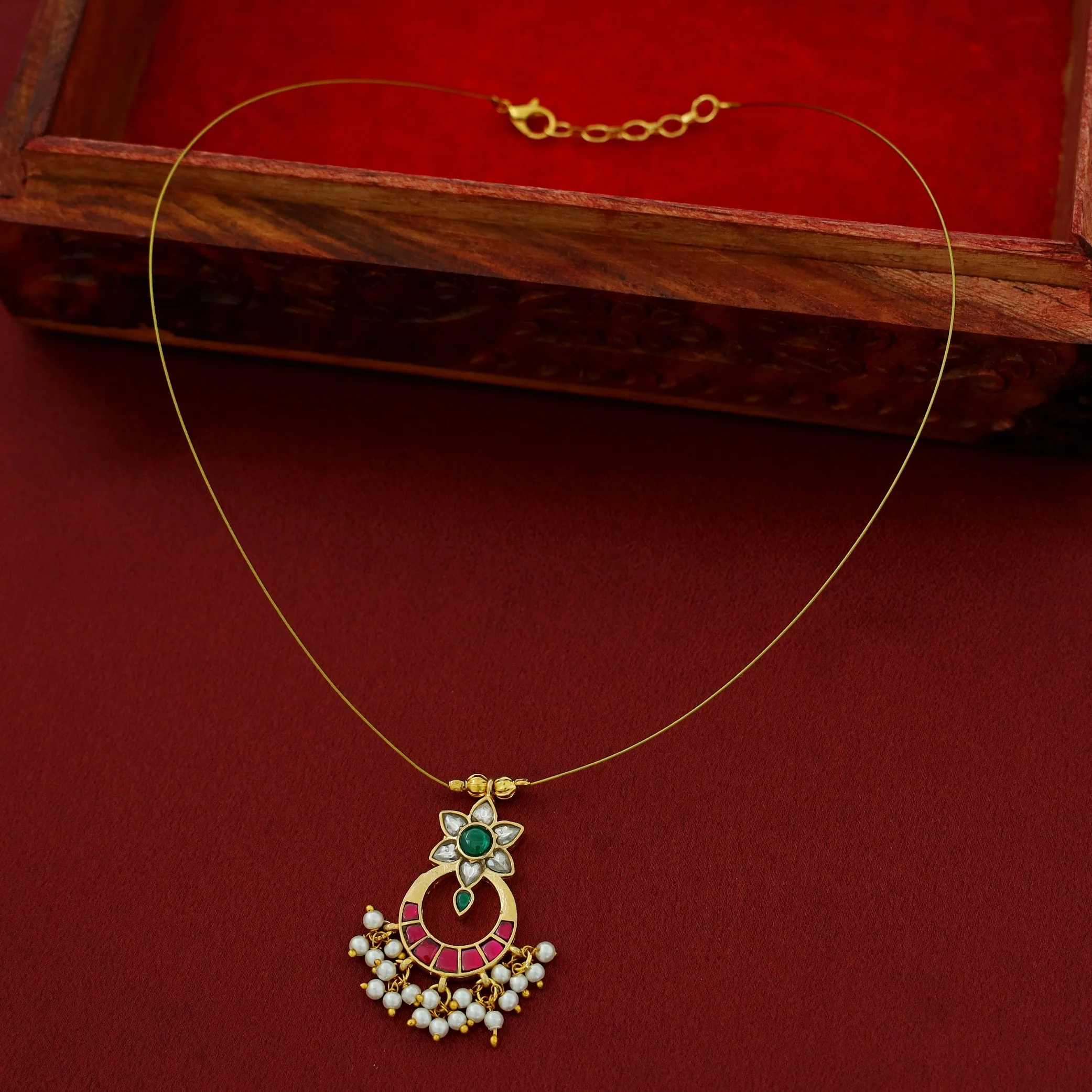 Kala Floral Jadau Kundan Cluster Pearl String Neckpiece - Image 10