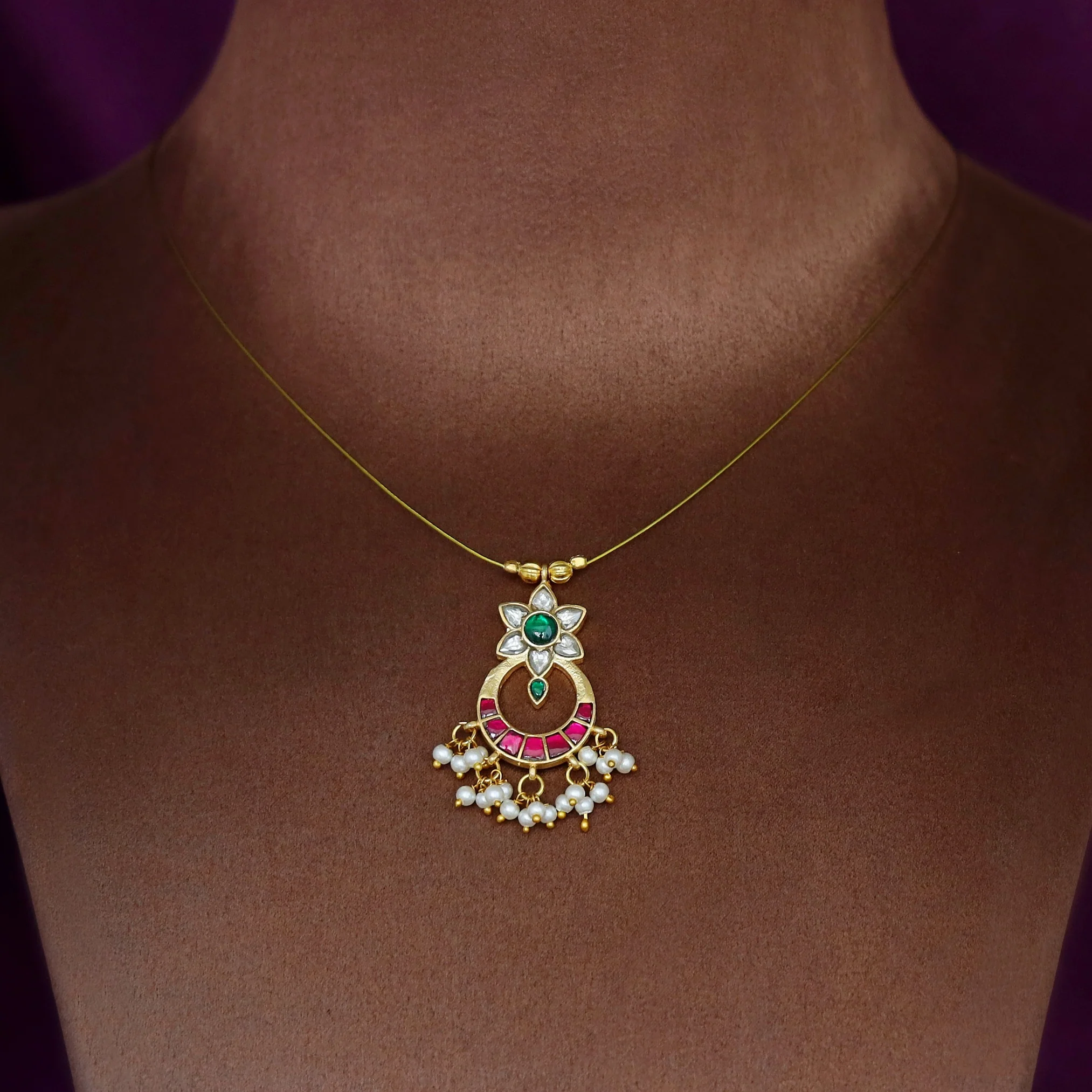 Kala Floral Jadau Kundan Cluster Pearl String Neckpiece - Image 3