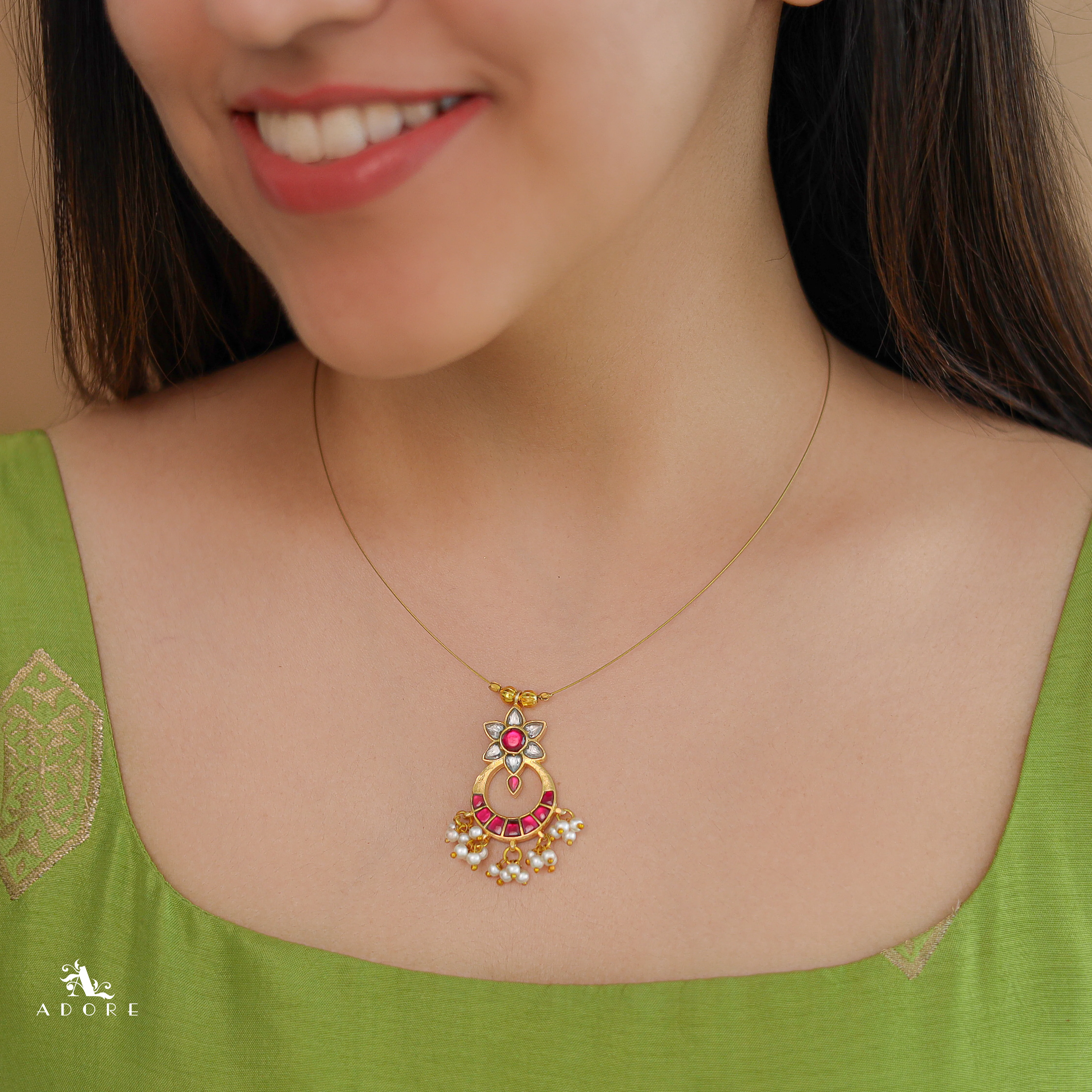 Kala Floral Jadau Kundan Cluster Pearl String Neckpiece - Image 6