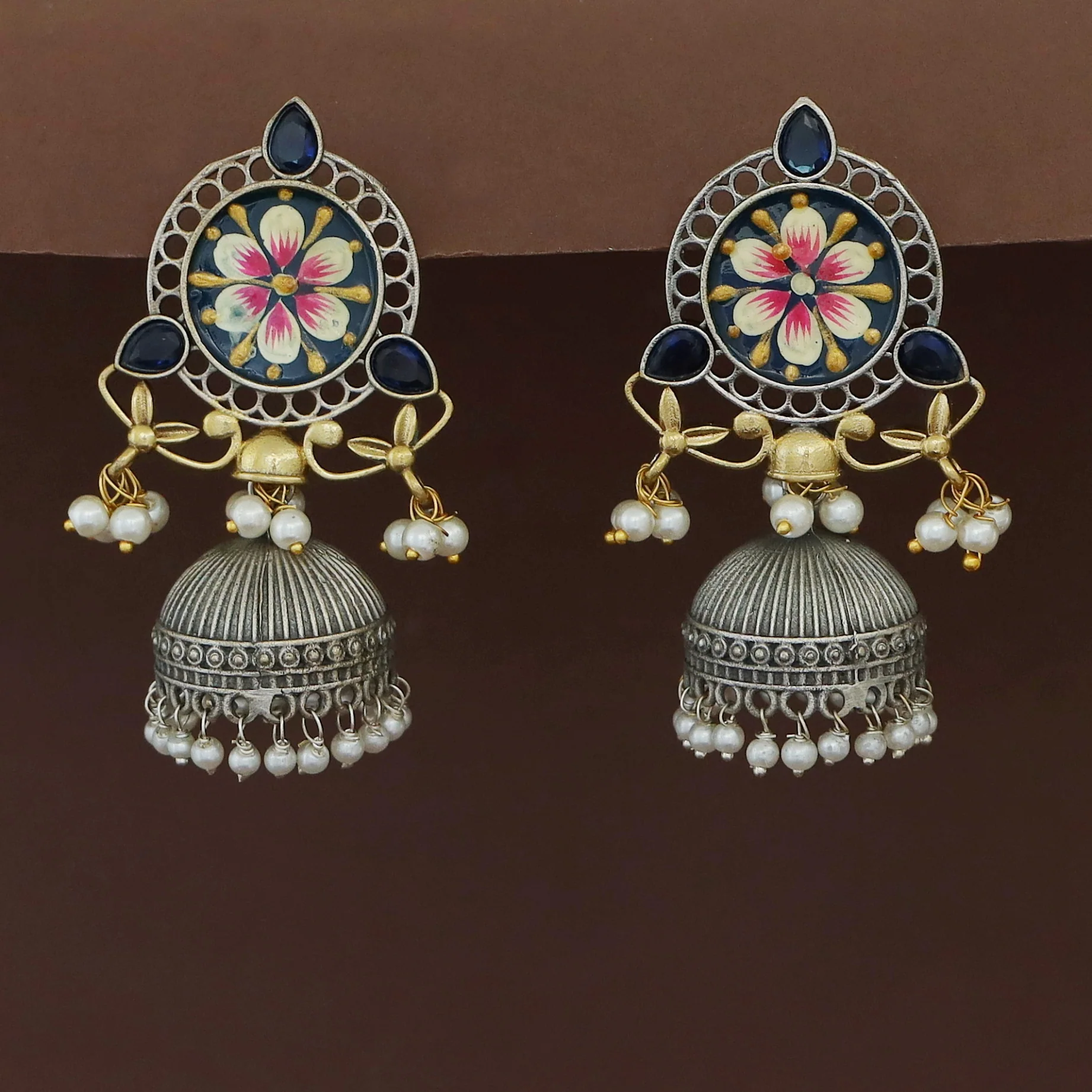 Kanakpriya Hand Painted Tri Glossy Pearl Jhumka - Image 2