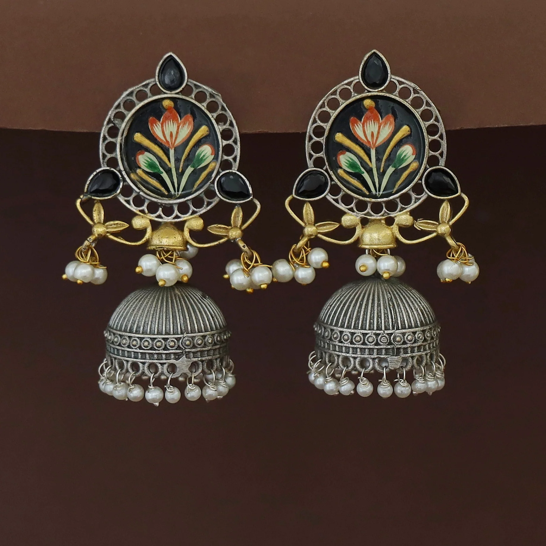 Kanakpriya Hand Painted Tri Glossy Pearl Jhumka - Image 3